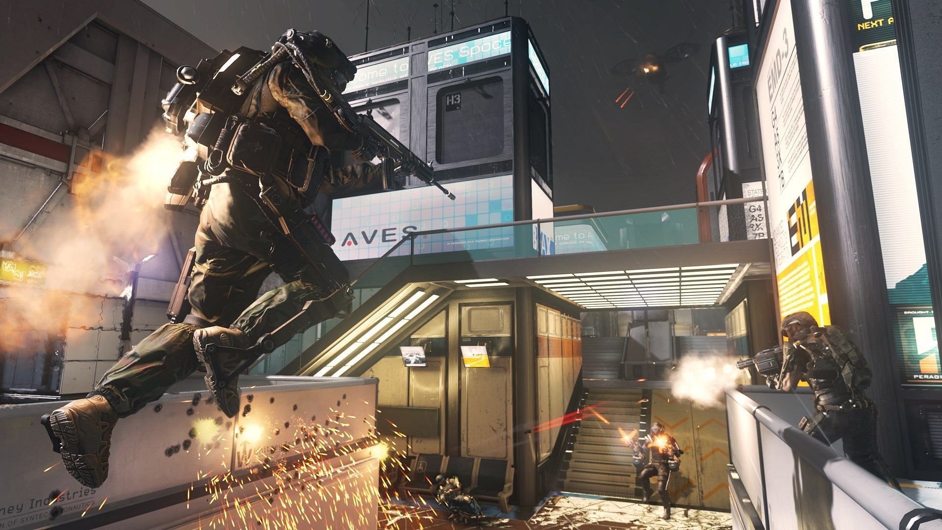 An Operator using jetpack in Advanced Warfare to fight