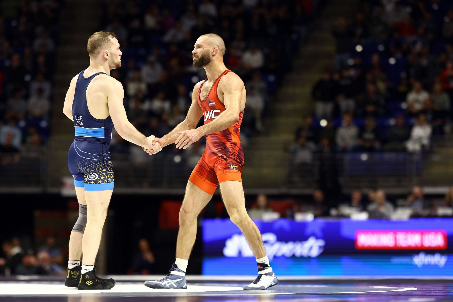 Spencer Lee (left) and Thomas Gilman at the 2024 US Olympic Wrestling Trials