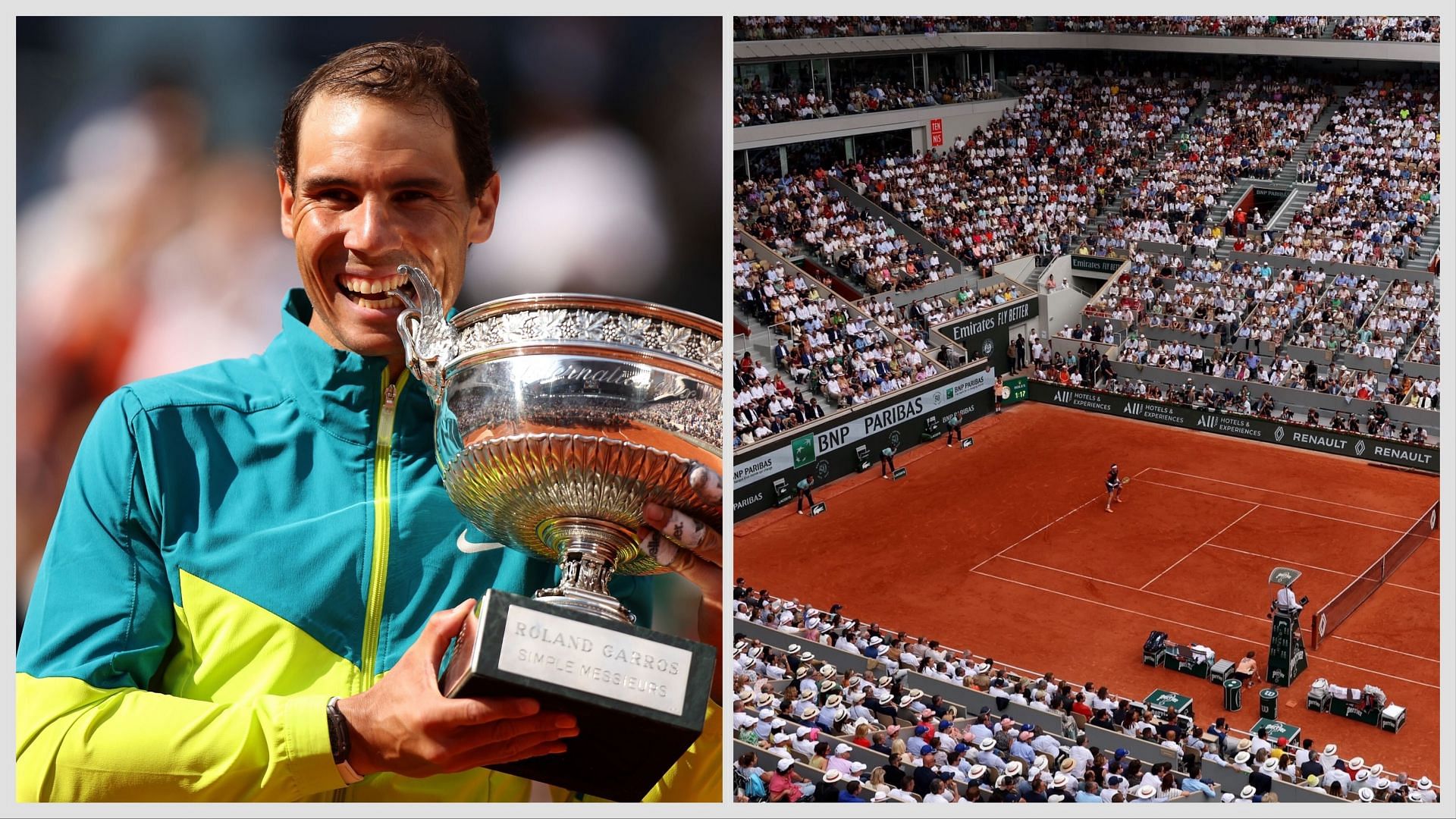 Rafael Nadal (L), French Open center court (R) Source: Getty