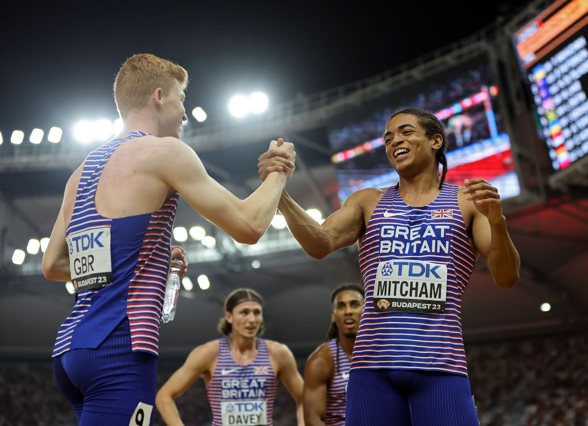 Rio Mitcham and Charlie Dobson of Team Great Britain celebrate after winning bronze at World Athletics Championships Budapest 2023. (Photo by Steph Chambers/Getty Images)