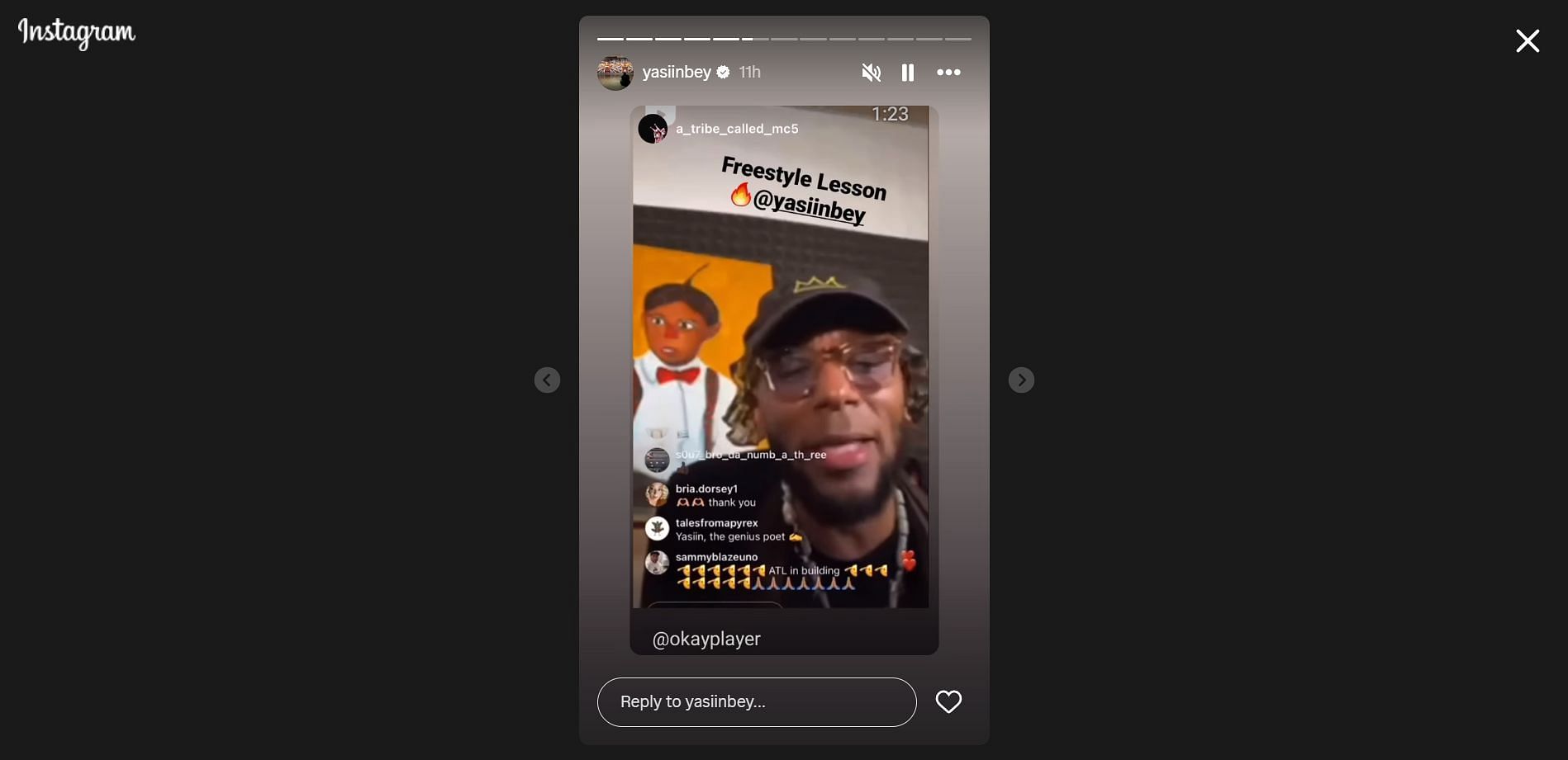 Yasiin Bey reposted the live story of his freestyle on Instagram story (Image via Instagram/@yasiinbey)