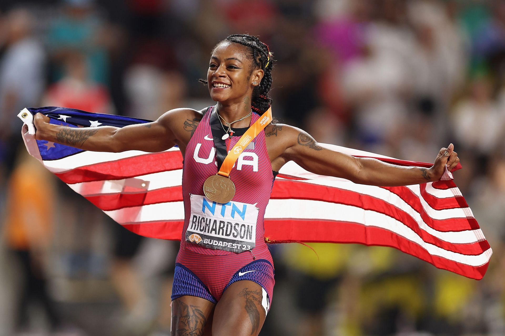 Sha&#039;Carri Richardson of Team United States celebrates winning the Women&#039;s 100m Final during the 2023 World Athletics Championships in Budapest, Hungary.