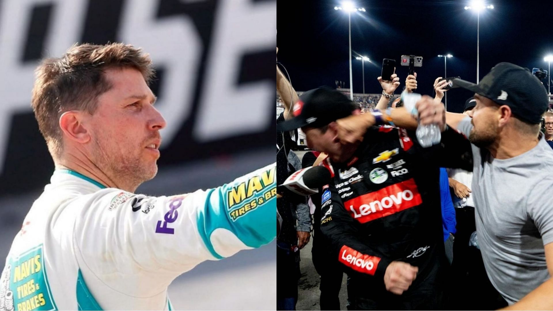 Denny Hamlin reacts to Kyle Busch and Ricky Stenhouse