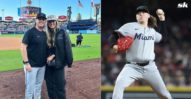 PHOTO: Ryan Weathers’ wife Thayer Hall celebrates his strong outing in Marlins' victory against Diamondbacks