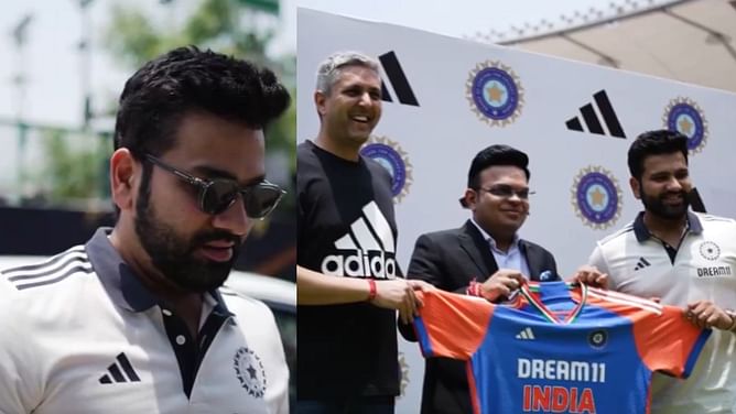 [Watch] Rohit Sharma unveils India's official T20 World Cup 2024 jersey in Ahmedabad alongside BCCI secretary Jay Shah