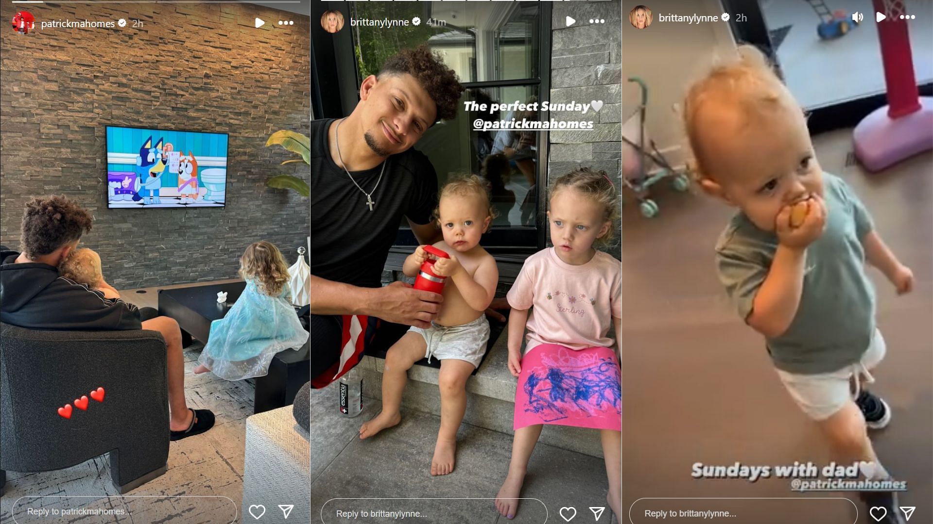 Patrick Mahomes' wife Brittany shared clips with children on Sunday (@patrickmahomes and @brittanylynne/Instagram)