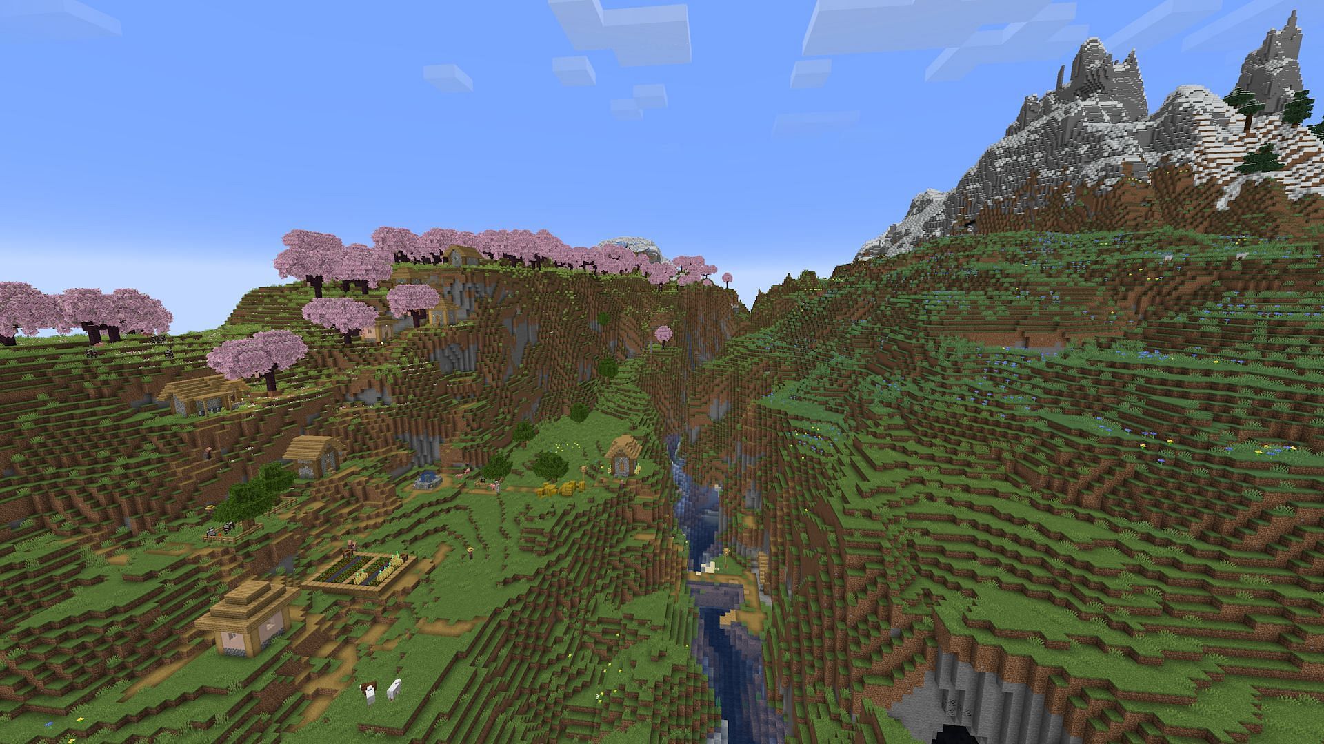 The seed&#039;s village ravine spawn (Image via Mojang)