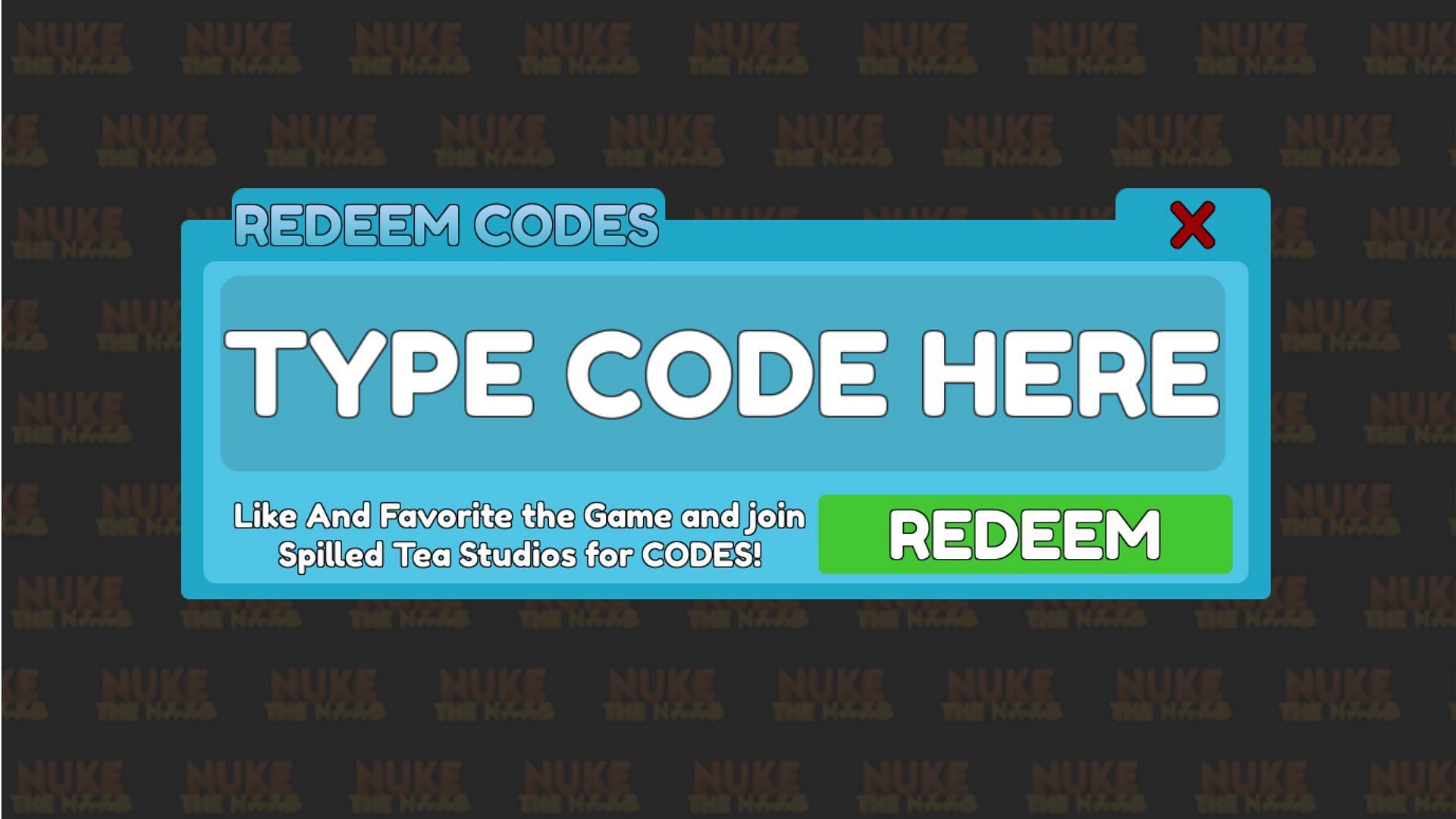 Redeem codes in Nuke the Noob Simulator (Image via Roblox/Sportskeeda)