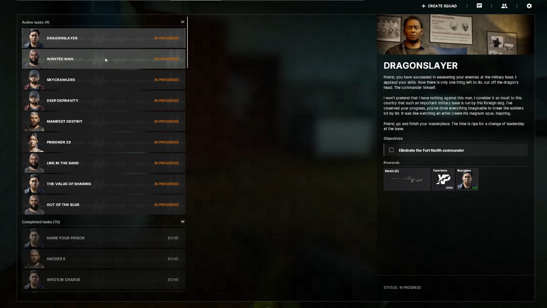 Rewards after completing the Dragonslayer task in Gray Zone Warfare (Image via Madfinger Games)
