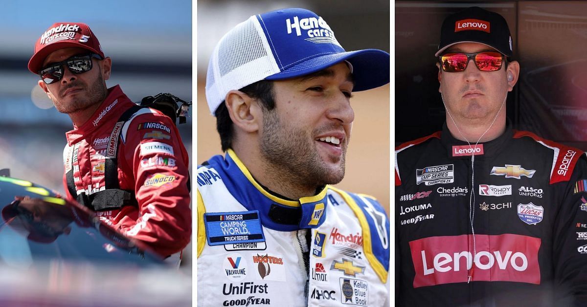 Chase Elliott (center) surpasses Kyle Larson (L) and Kyle Busch (R) despite shortened race weekend (Image: Getty)