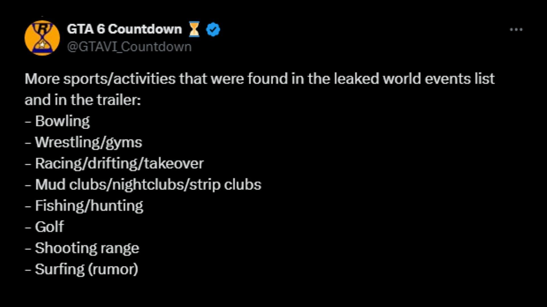 Some alleged Grand Theft Auto 6 leaked world events (Image via X/@GTAVI_Countdown)