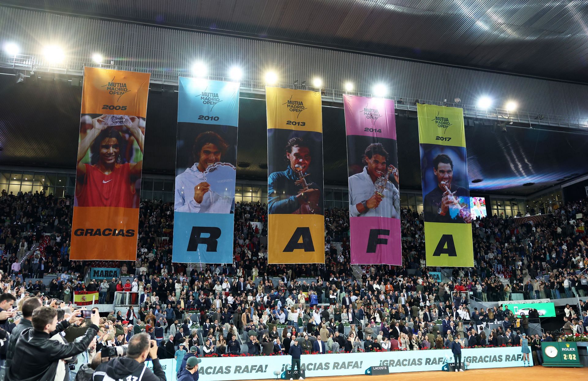 Banners commemorating Rafael Nadal&#039;s Madrid Open triumphs.