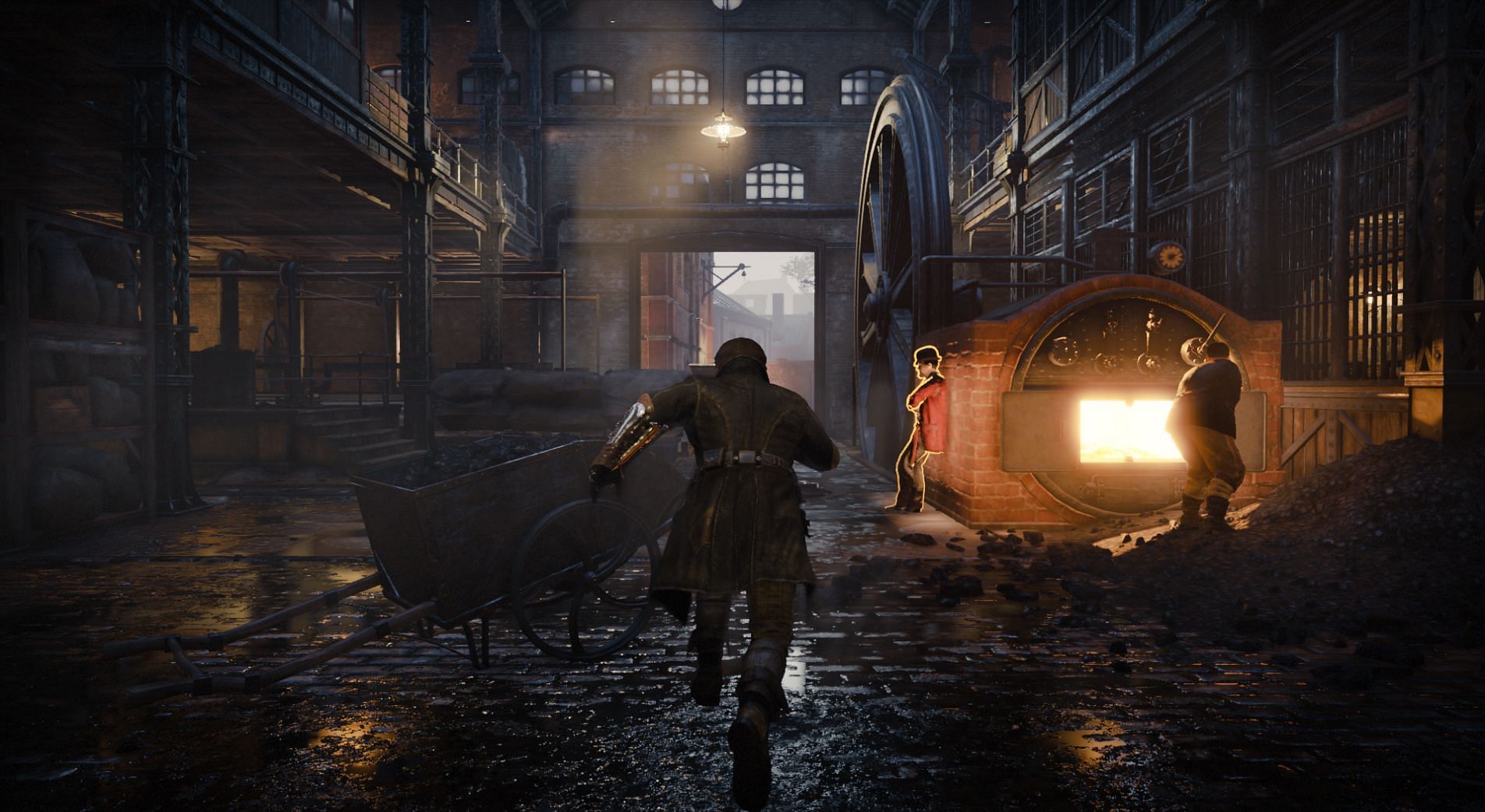 Jacob running through an industry filled with adversaries (Image via Ubisoft)