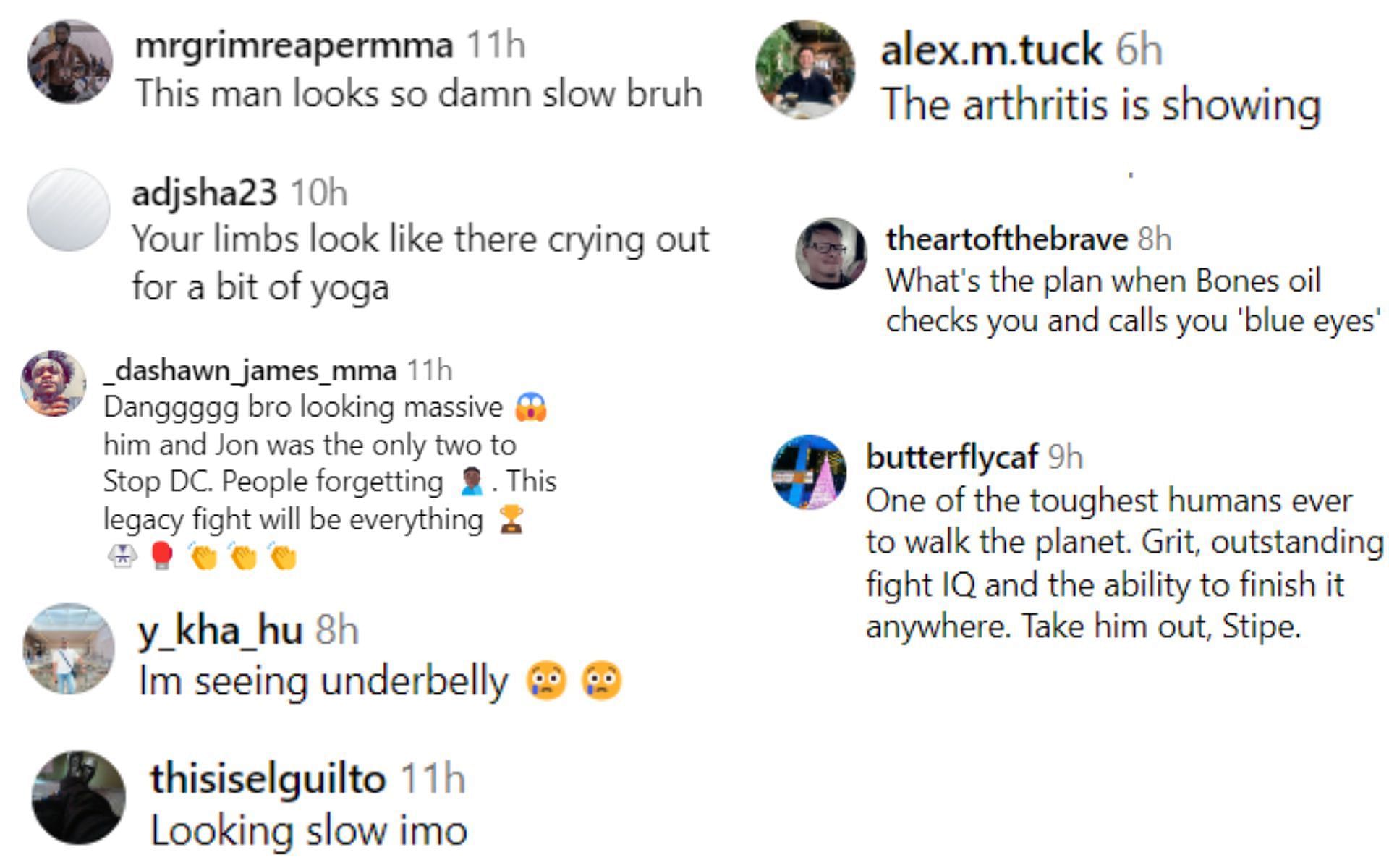 Screenshot of fan reactions to Stipe Miocic&#039;s post on Instagram