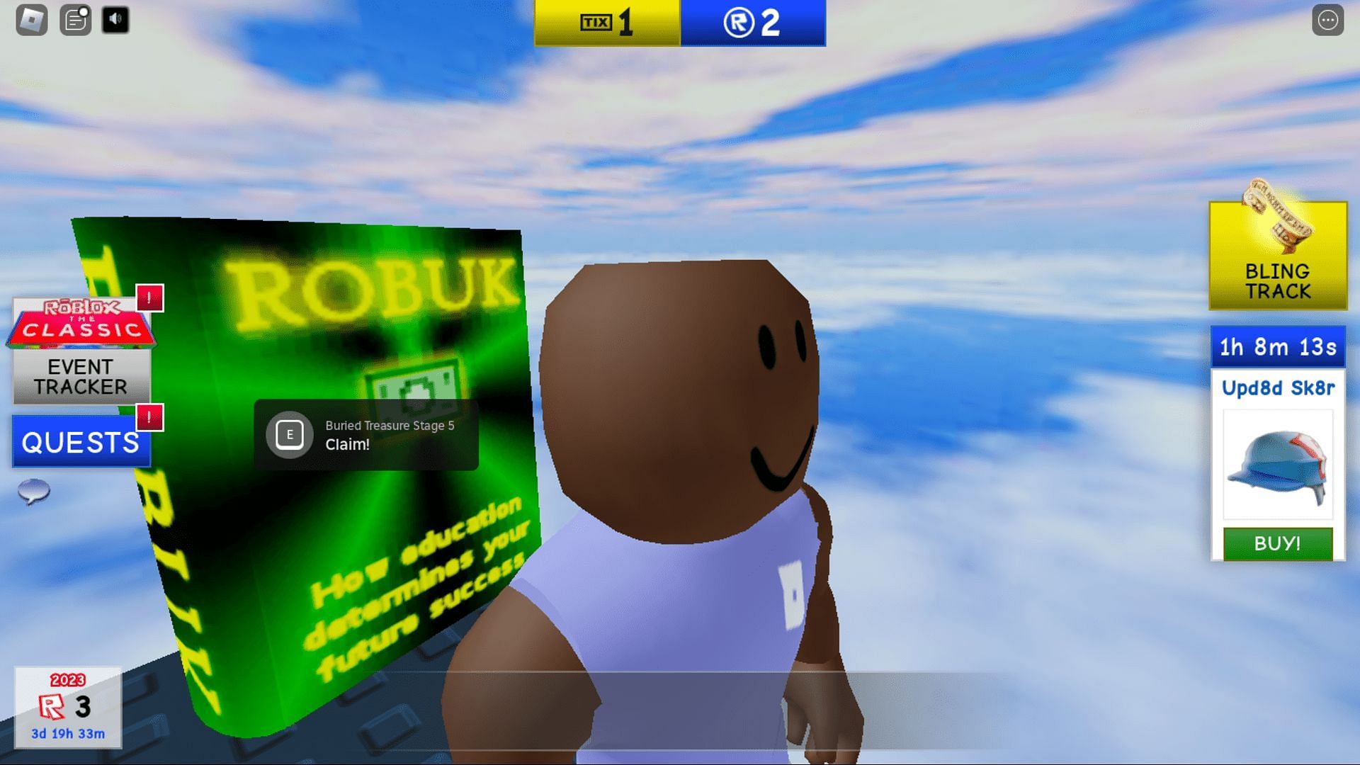 The fifth book&#039;s location in The Classic event Buried Treasure quest (Image via Roblox)