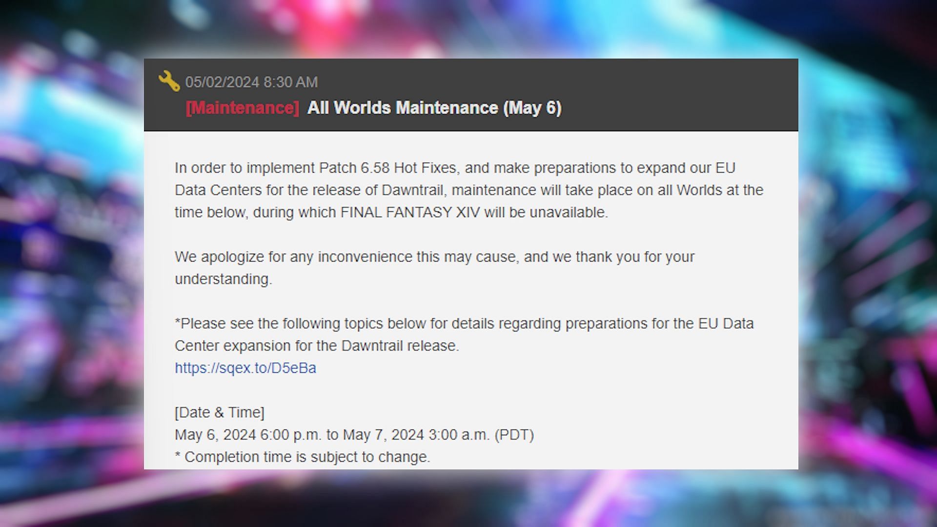 The developer announced the all Worlds maintenance on the official blog post (Image via Square Enix)