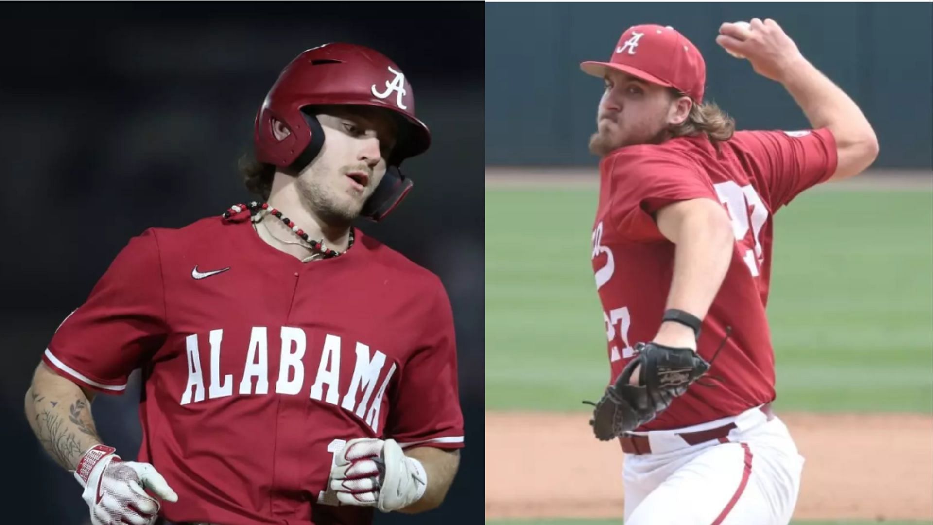 From left to right: Alabama infielder Gage Miller and pitcher Ben Hess (Image Sources: Gage Miller - https://rolltide.com/sports/baseball/roster/millergage/10436; Ben Hess -https://rolltide.com/sports/baseball/roster/hessben/10410)