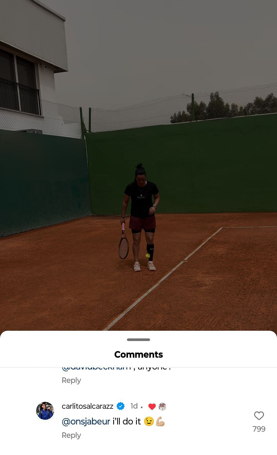 Carlos Alcaraz accepting Ons Jabeur&#039;s trick shot challenge on Instagram