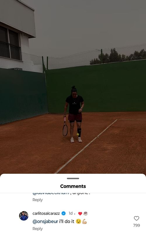 Carlos Alcaraz accepting Ons Jabeur's trick shot challenge on Instagram