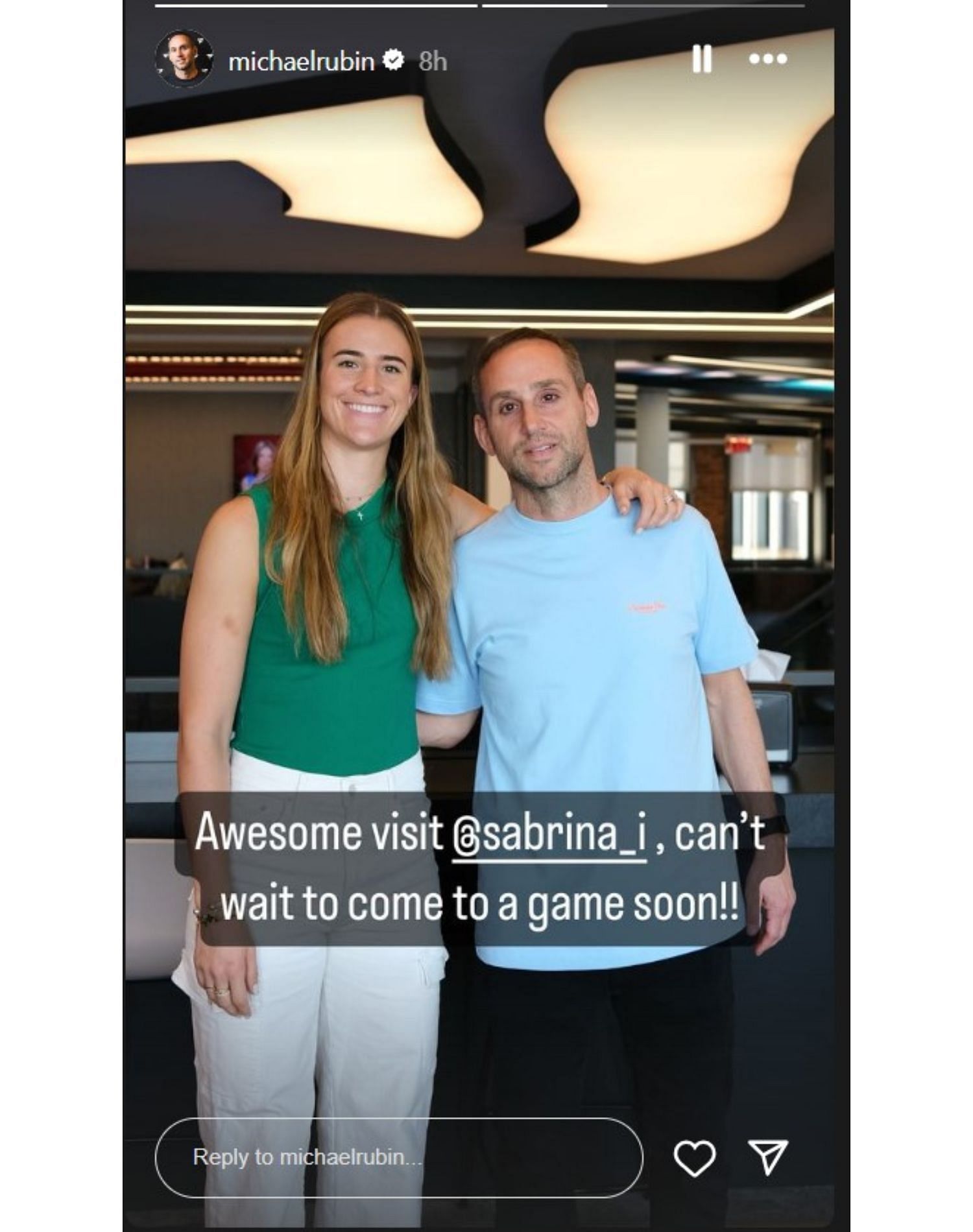 Screenshot of Michael Rubin&#039;s IG story post of his meet-up with New York Liberty All-Star guard Sabrina Ionescu.