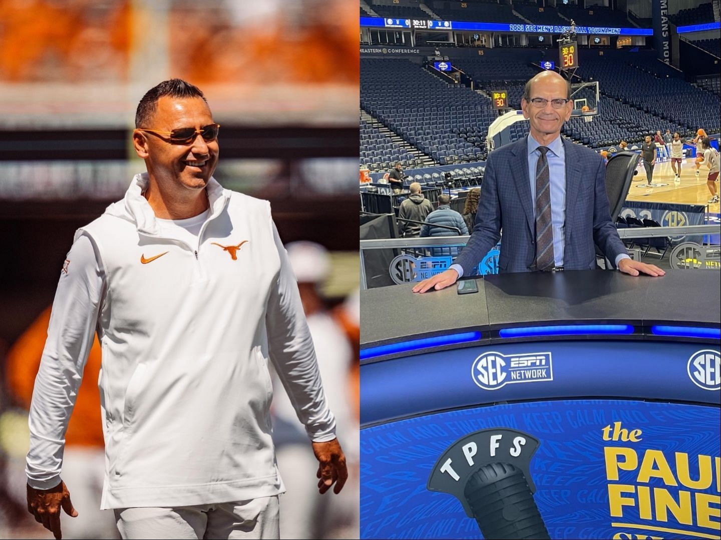 Paul Finebaum and Steve Sarkisian collage