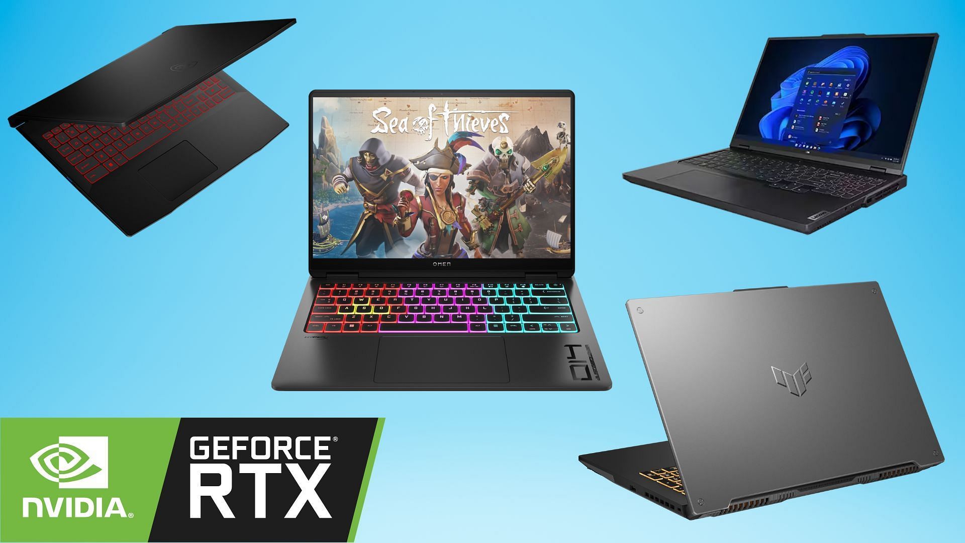 The best gaming laptops with Nvidia RTX GPUs (Image via Asus, HP, Lenovo, MSI)