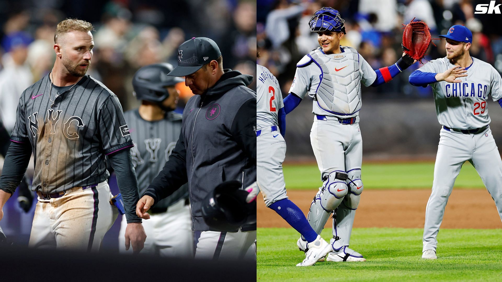 Pete Alonso talks with manager Carlos Mendoza of the New York Mets during a replay review of Alonso