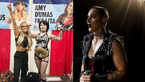 Trish Stratus poses with Rhea Ripley cosplayer; Mami reacts
