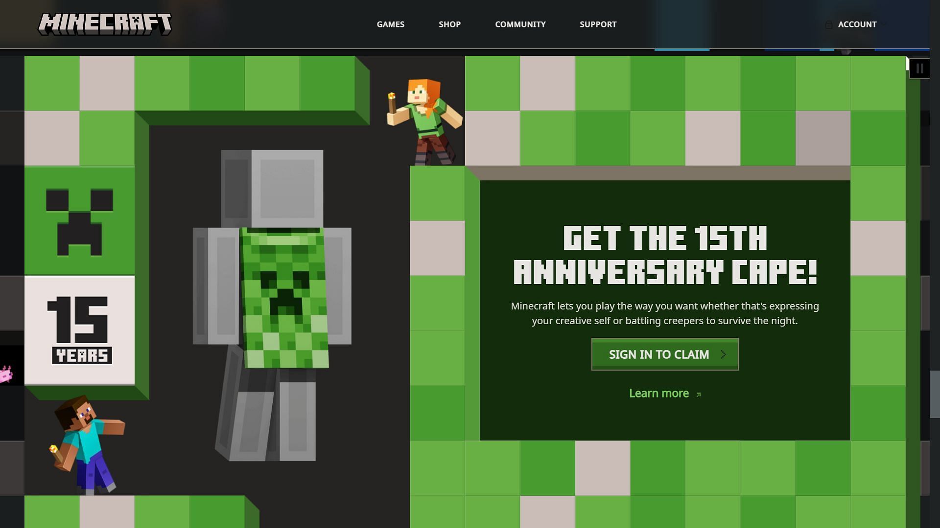 Creeper cape can be claimed from the website (Image via Mojang Studios)