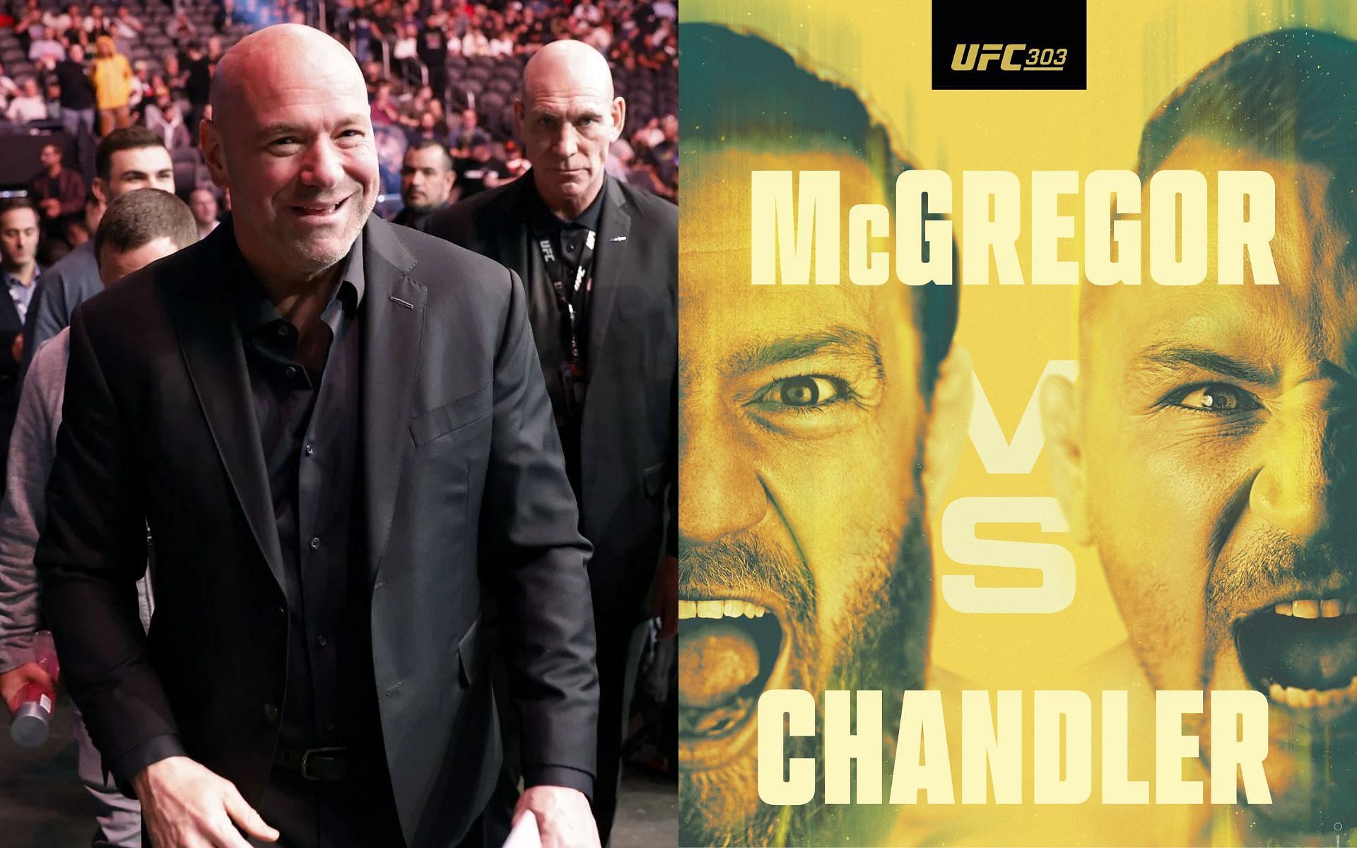 Dana White (left) confirms Conor McGregor vs. Michael Chandler card (right) has already broken a UFC record [Images Courtesy: @GettyImages, @ufc on X]
