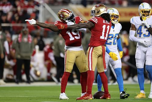 Deebo Samuel and Brandon Aiyuk during Los Angeles Chargers v San Francisco 49ers