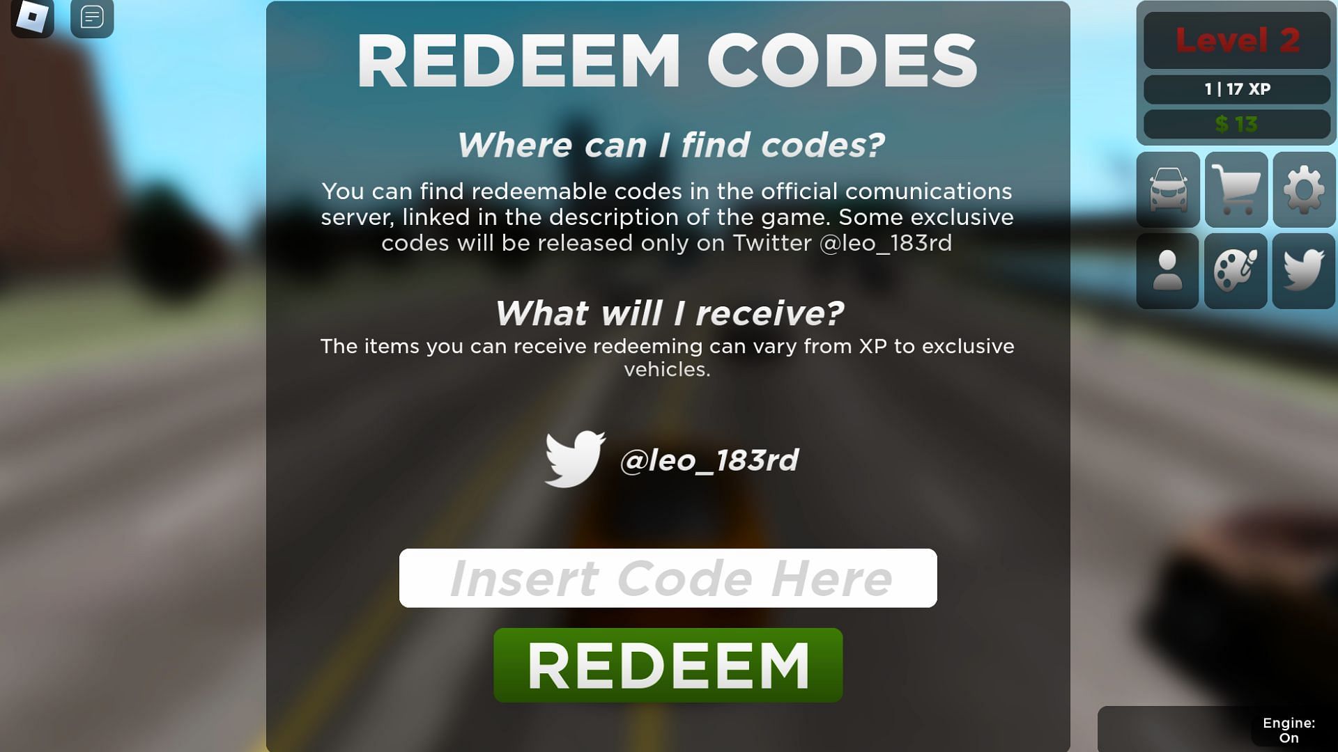 Redeem the active code (Image via Roblox)