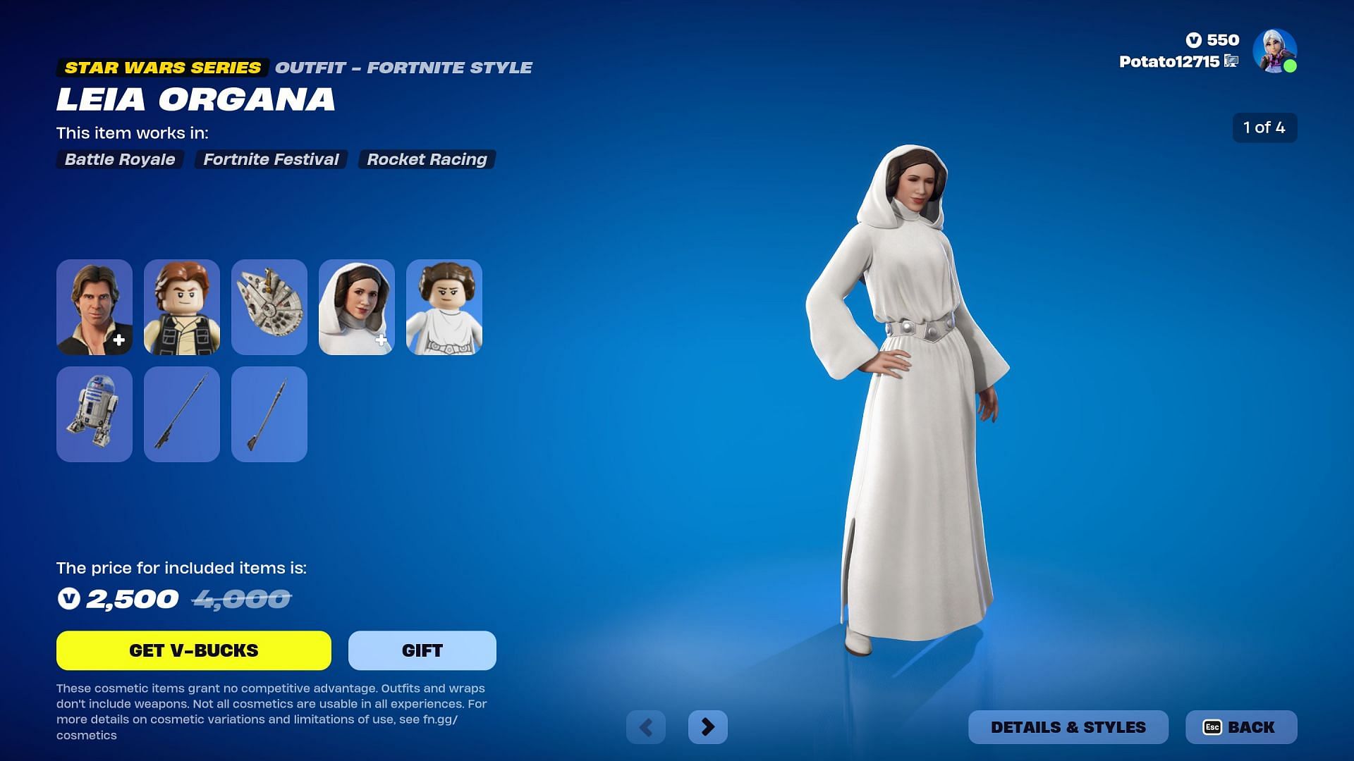 Han Solo and Leia Organa skins are currently listed in the Item Shop (Image via Epic Games)