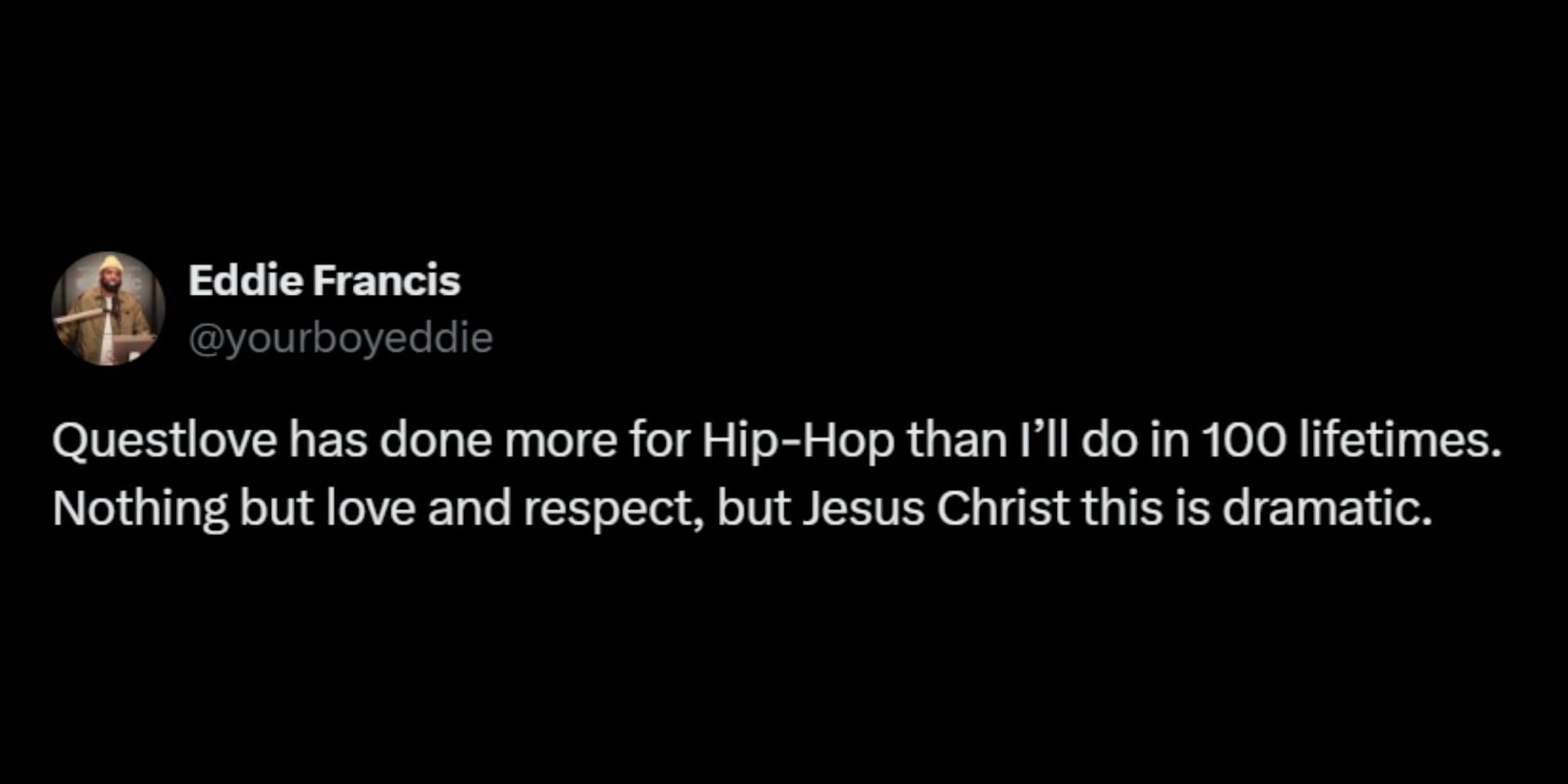 Netizens react to the Roots drummer&#039;s take on Kendrick-Drake rap battle. (Image via X/@yourboyeddie)