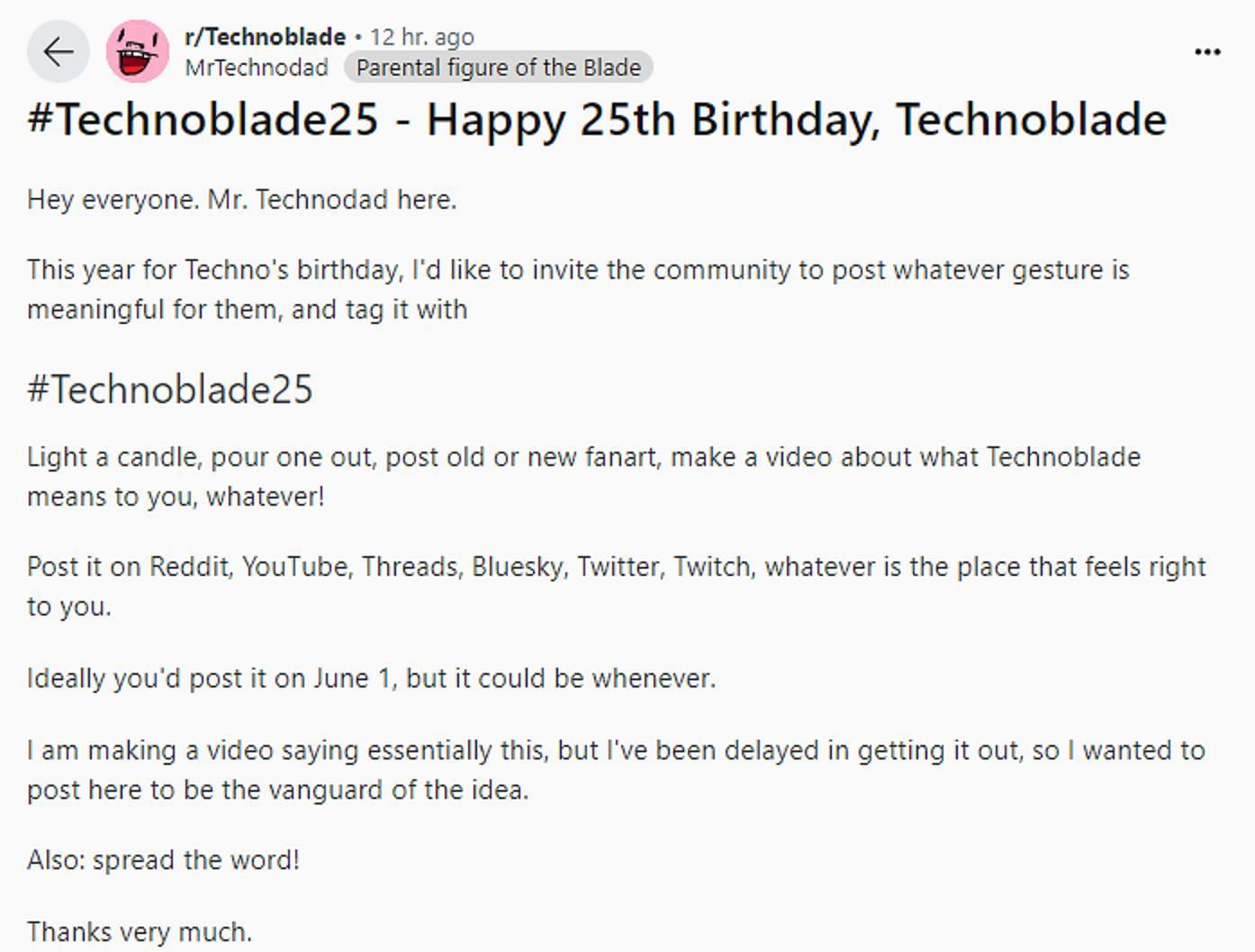 Technodad shares wholesome post ahead of Alex&#039;s birthday (Image via Reddit)