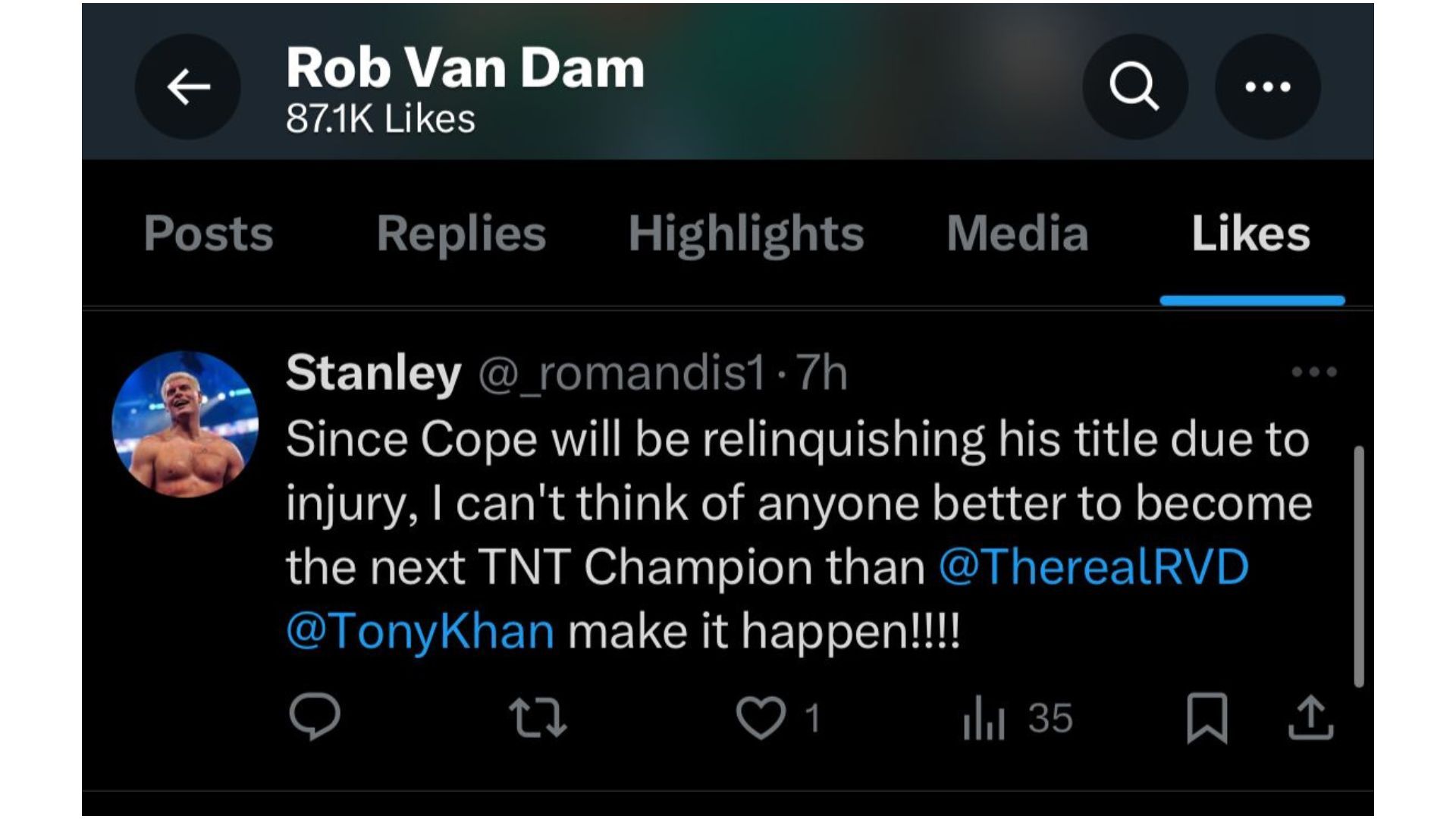 RVD liked an interesting fan tweet about the AEW TNT Championship.