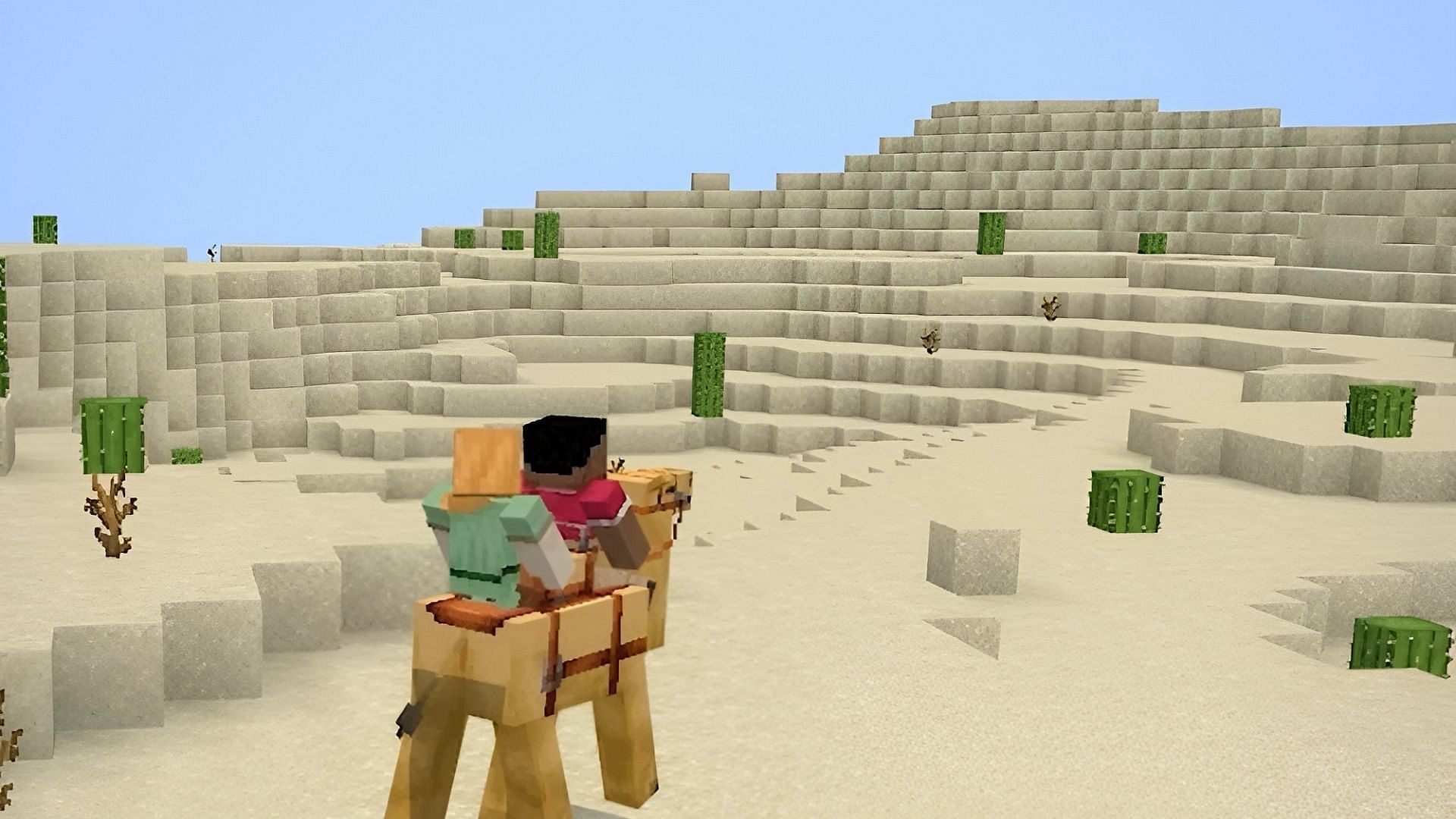 The 1.20 update&#039;s camels allow two players to venture across deserts in style (Image via Mojang)