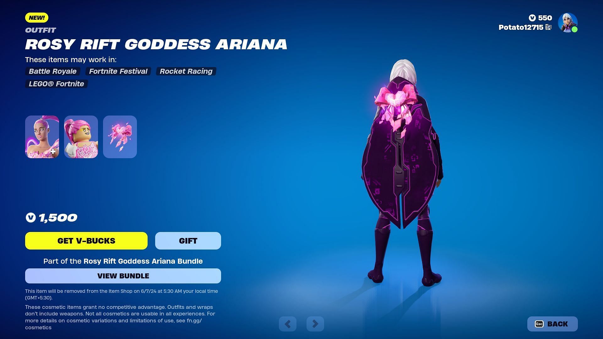 Rosy Rift Goddess Ariana comes with her own back bling. (Image via Epic Games)