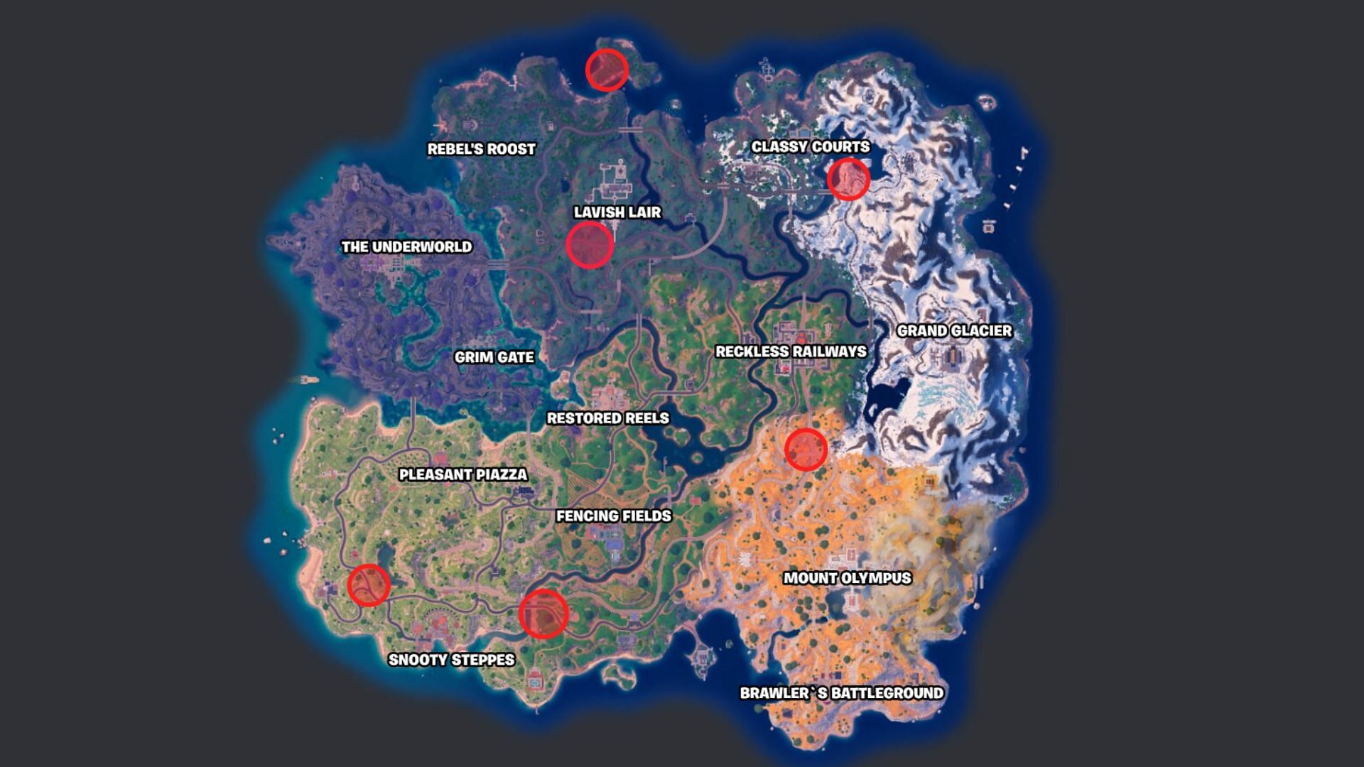 All Imperial Roadblocks on the Chapter 5 map. (Image via Fortnite.gg)