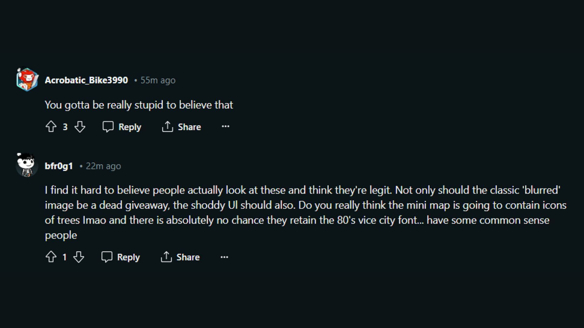 Redditors reacting to the fake GTA 6 leak (Image via Reddit)