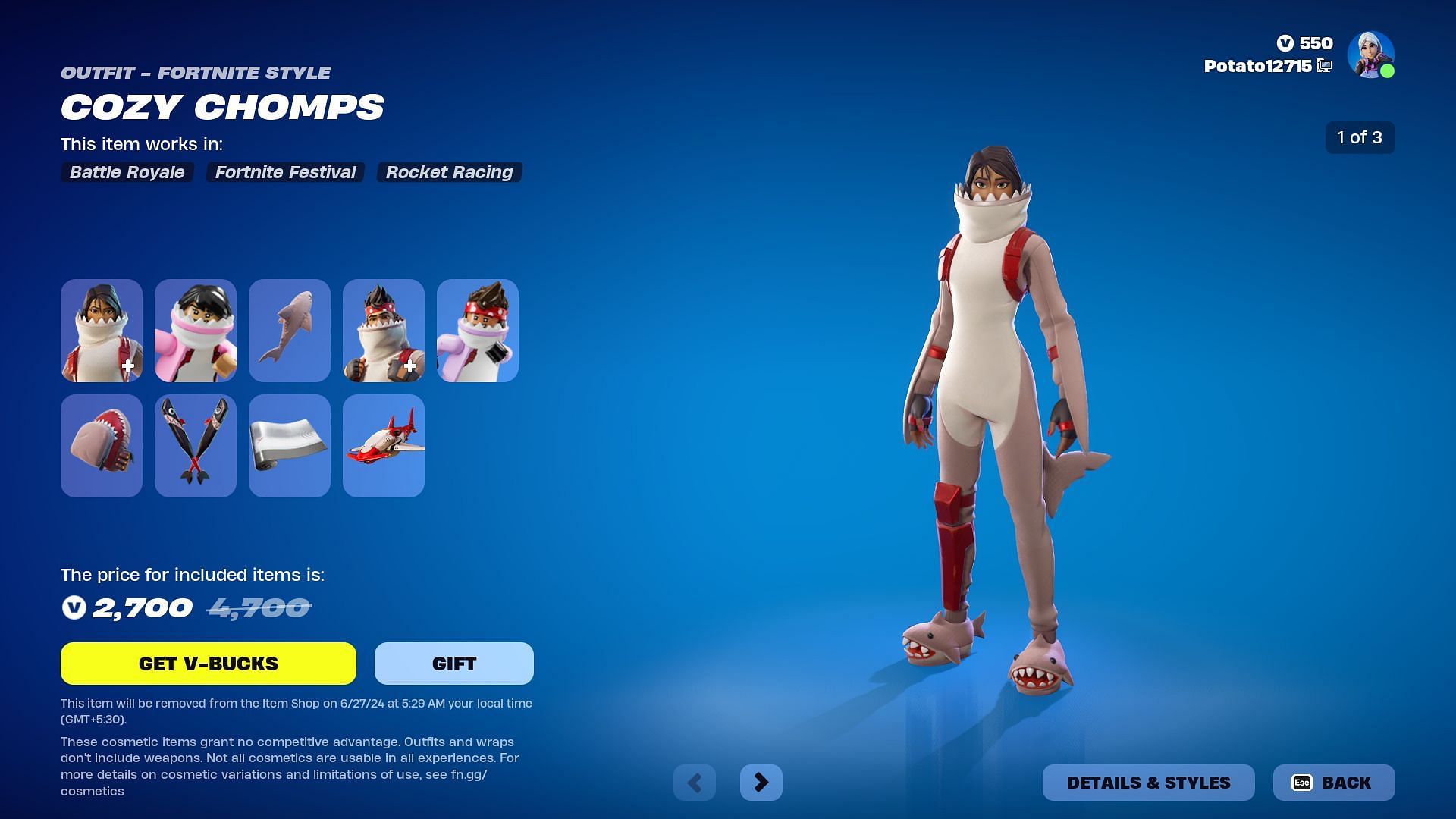 Cozy Chomps and Comfy Chomps skins in Fortnite will be listed until June 27, 2024 (Image via Epic Games)