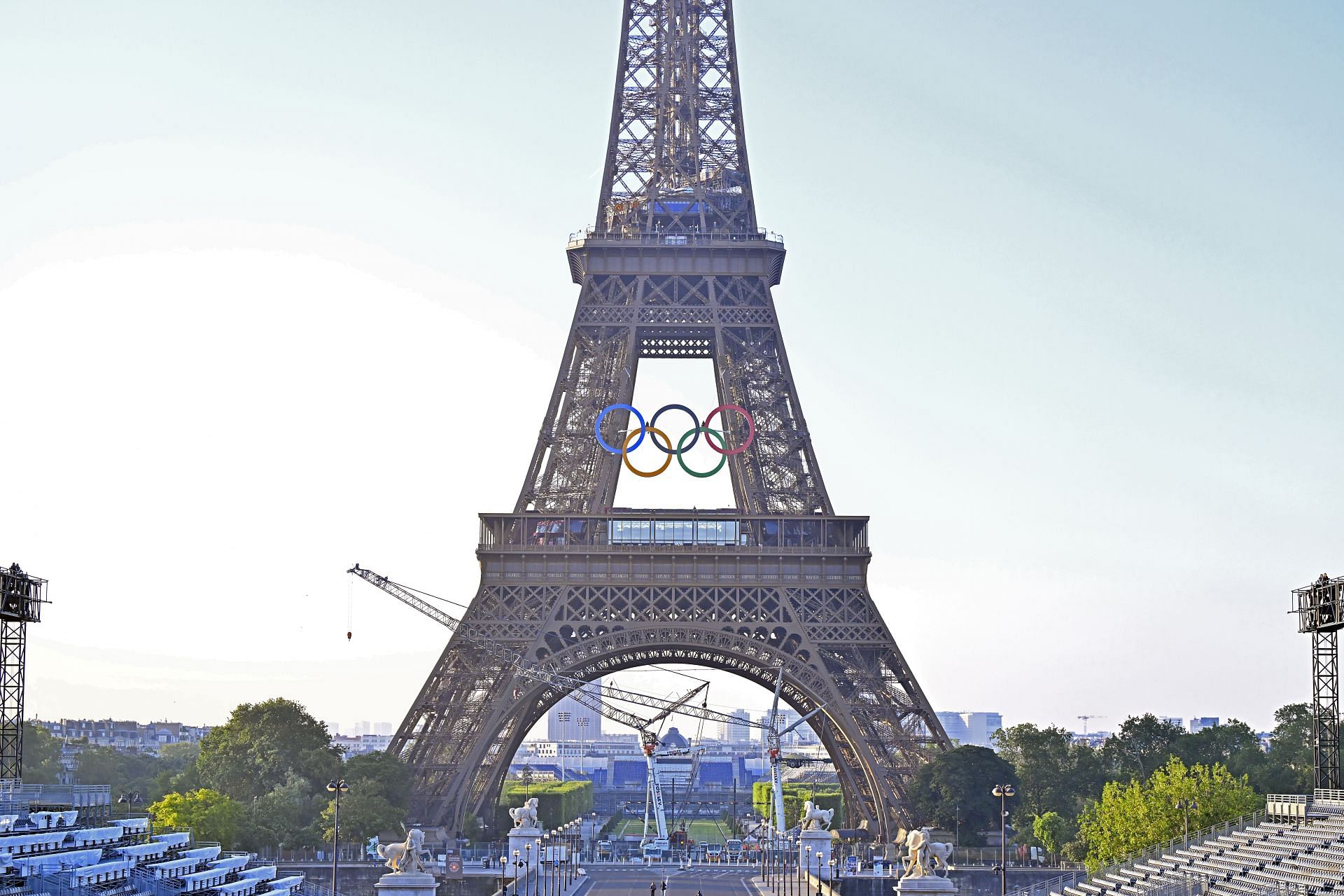 The Olympic Rings are displayed on the Eiffel Tower - 50 days before the opening of the Olympic Games