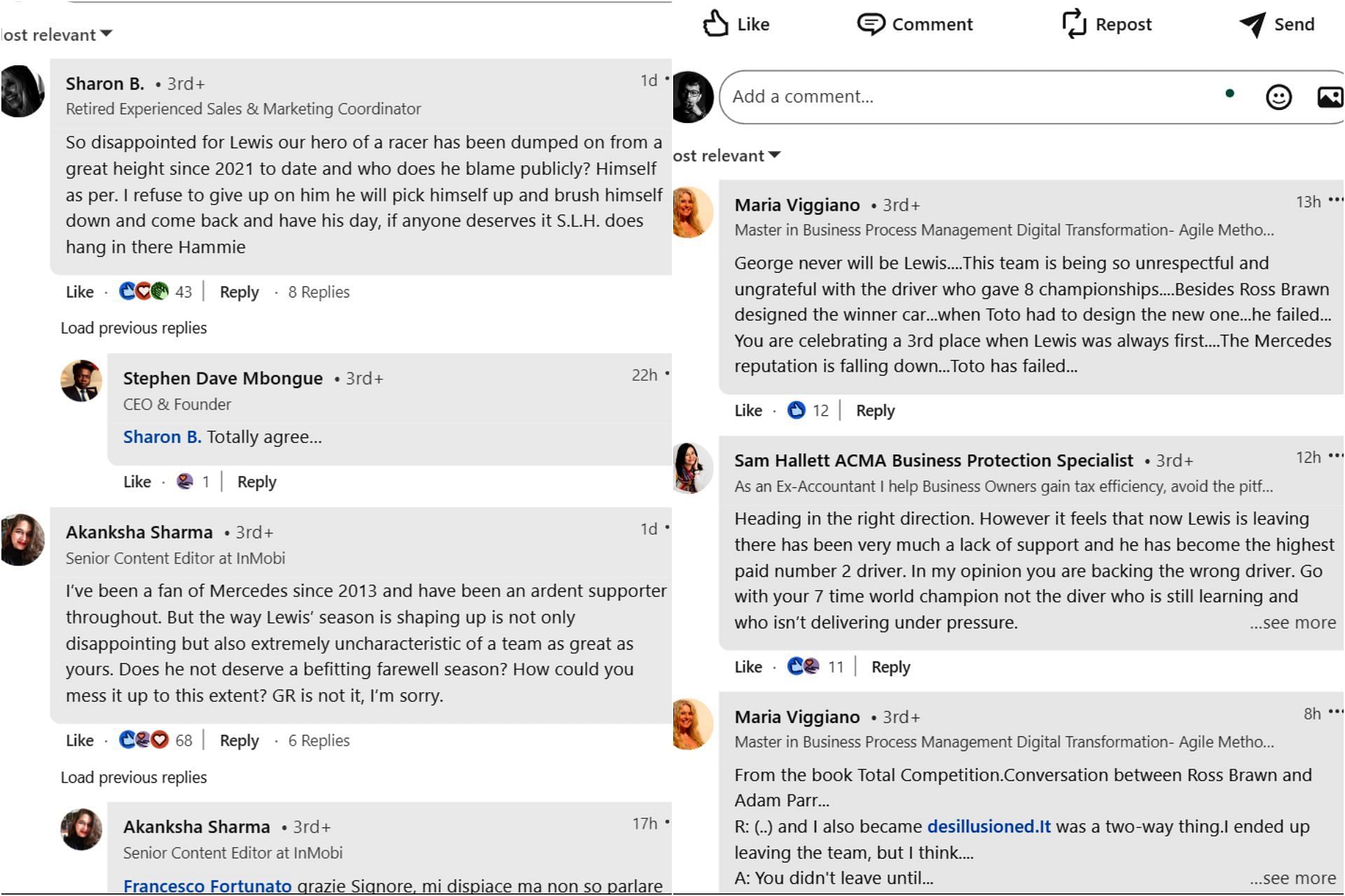 F1 fans criticizing Mercedes on their LinkedIn profile for not supporting Hamilton (Collage via Sportskeeda)