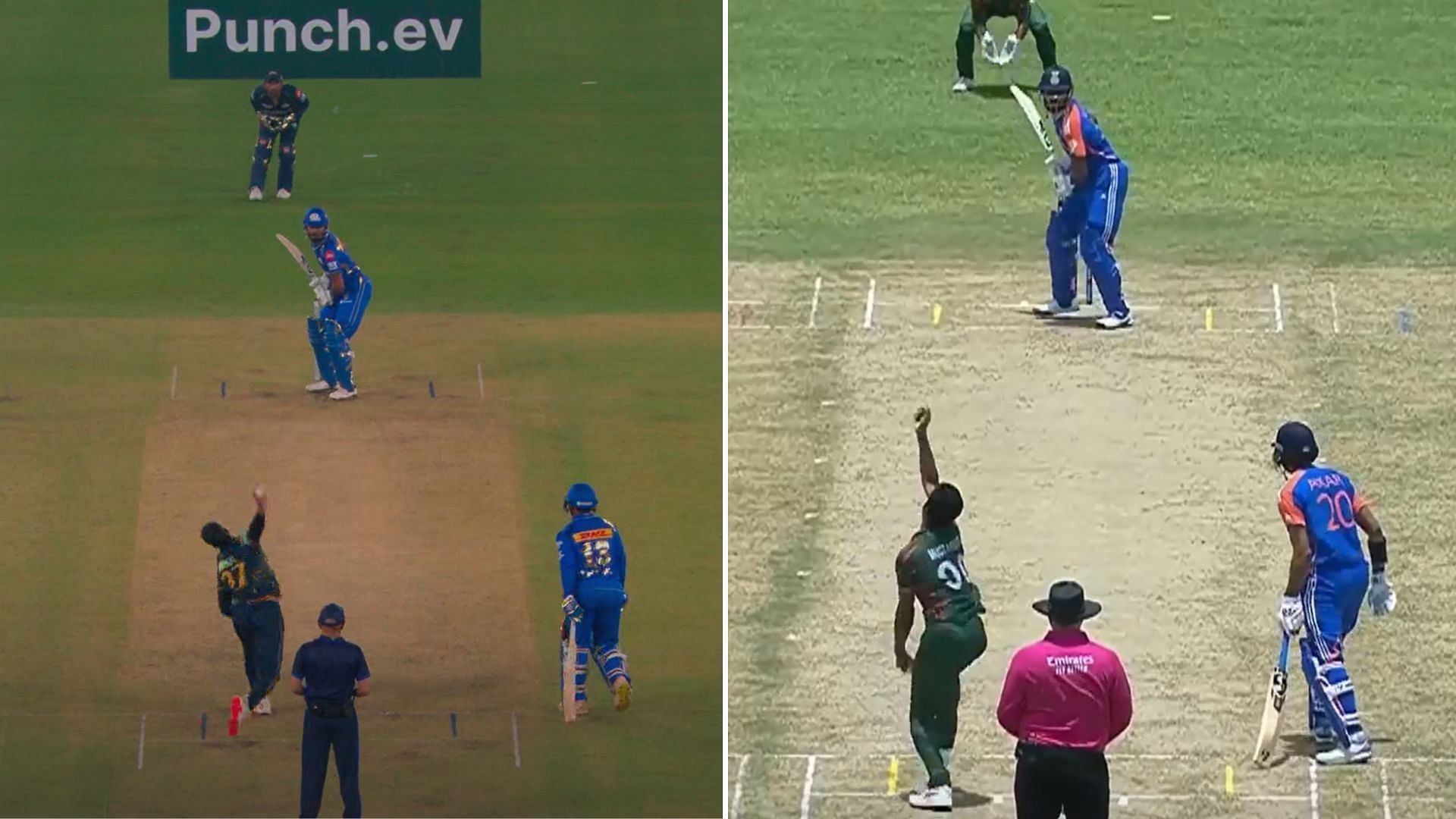 Hardik's stance in death overs in the game against GT (L) vs Hardik's stance in the death overs against Bangladesh (P.C.: Jio Cinema/Hotstar/ICC)