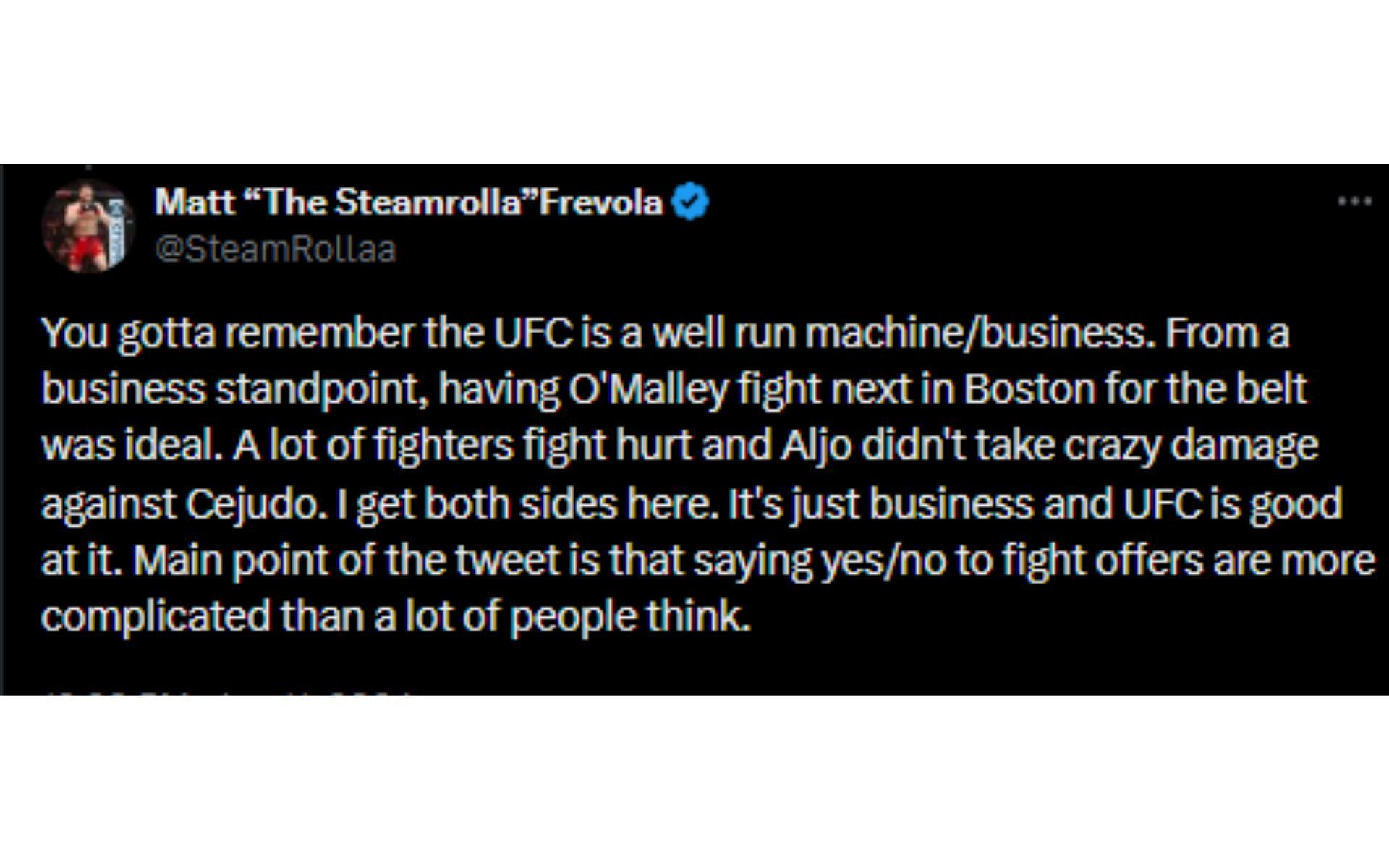 Frevola's tweet regarding Sterling vs. O'Malley [Image courtesy: @SteamRollaa - X]