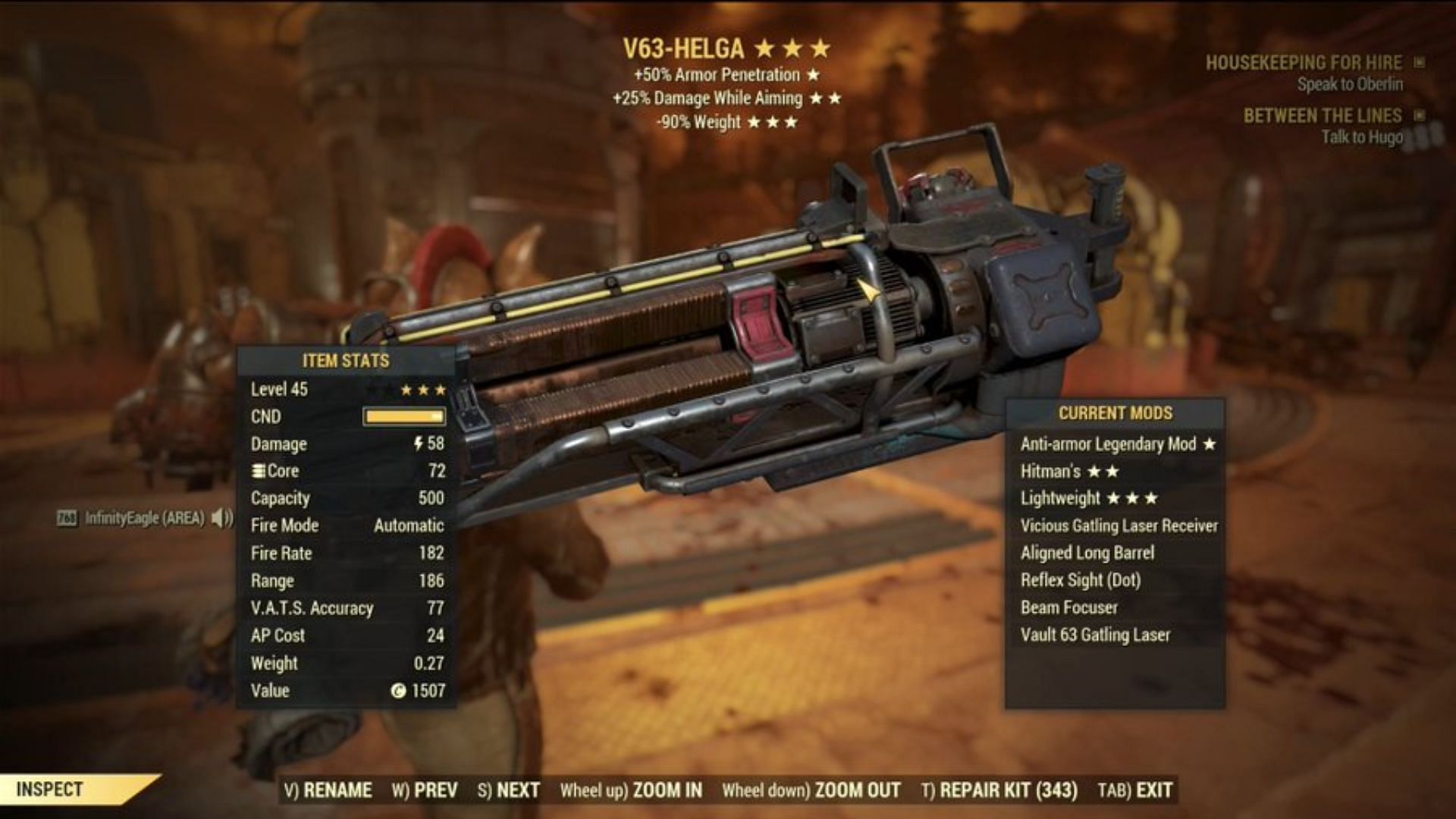 The V63-Helga is a great Heavy Gun with some of the best Legendary Effects (Image via Bethesda Game Studios)