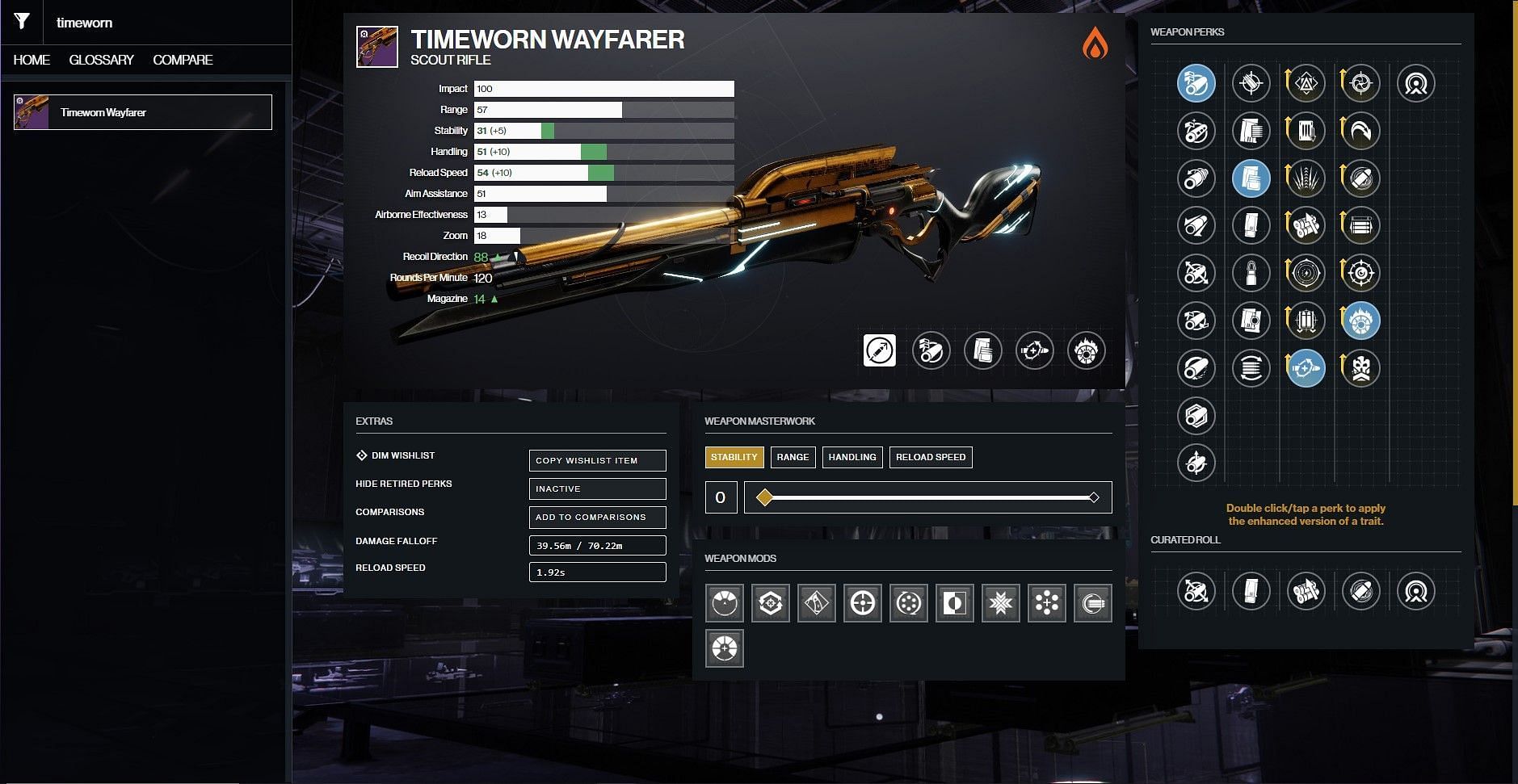 Timeworn Wayfarer PvE god roll for add clearing in Destiny 2 (Image via D2Gunsmith)