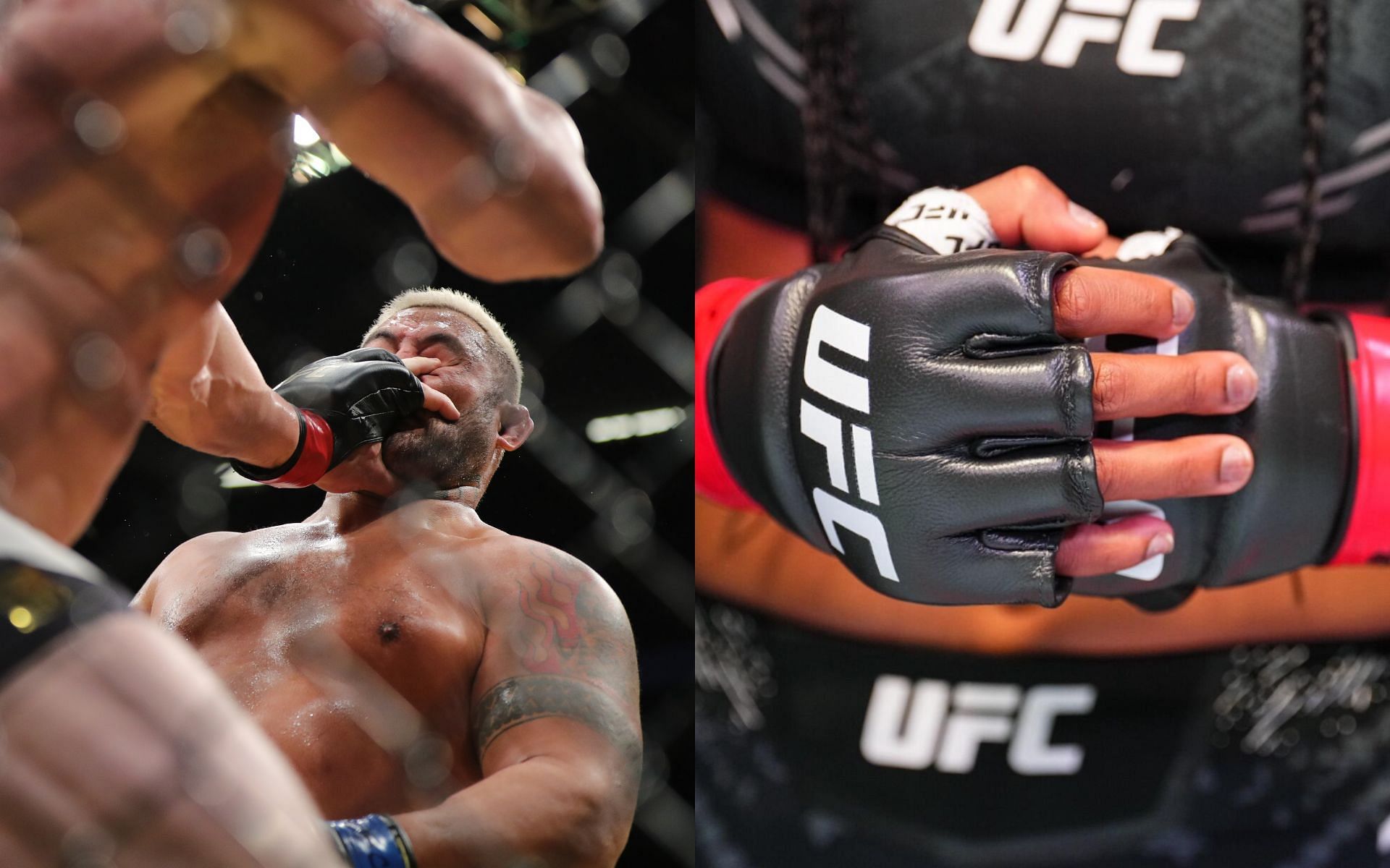 Combat sports megastar Brock Lesnar notably landed an eye poke on Mark Hunt with the old UFC gloves at UFC 200 in July 2016 (left); the new UFC gloves (right) were officially introduced in June 2024 [Images courtesy: Getty Images and UFC]