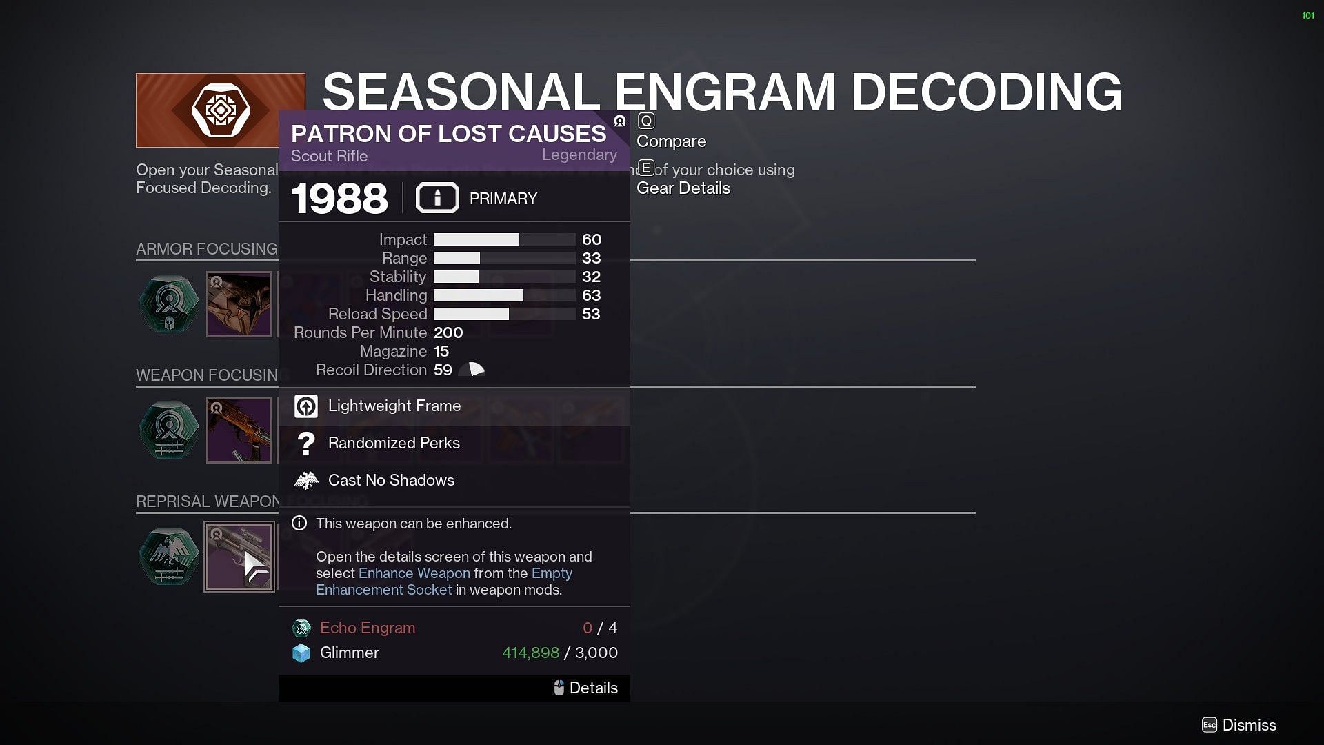 Patron of Lost Causes in Failsafe inventory (Image via Bungie)
