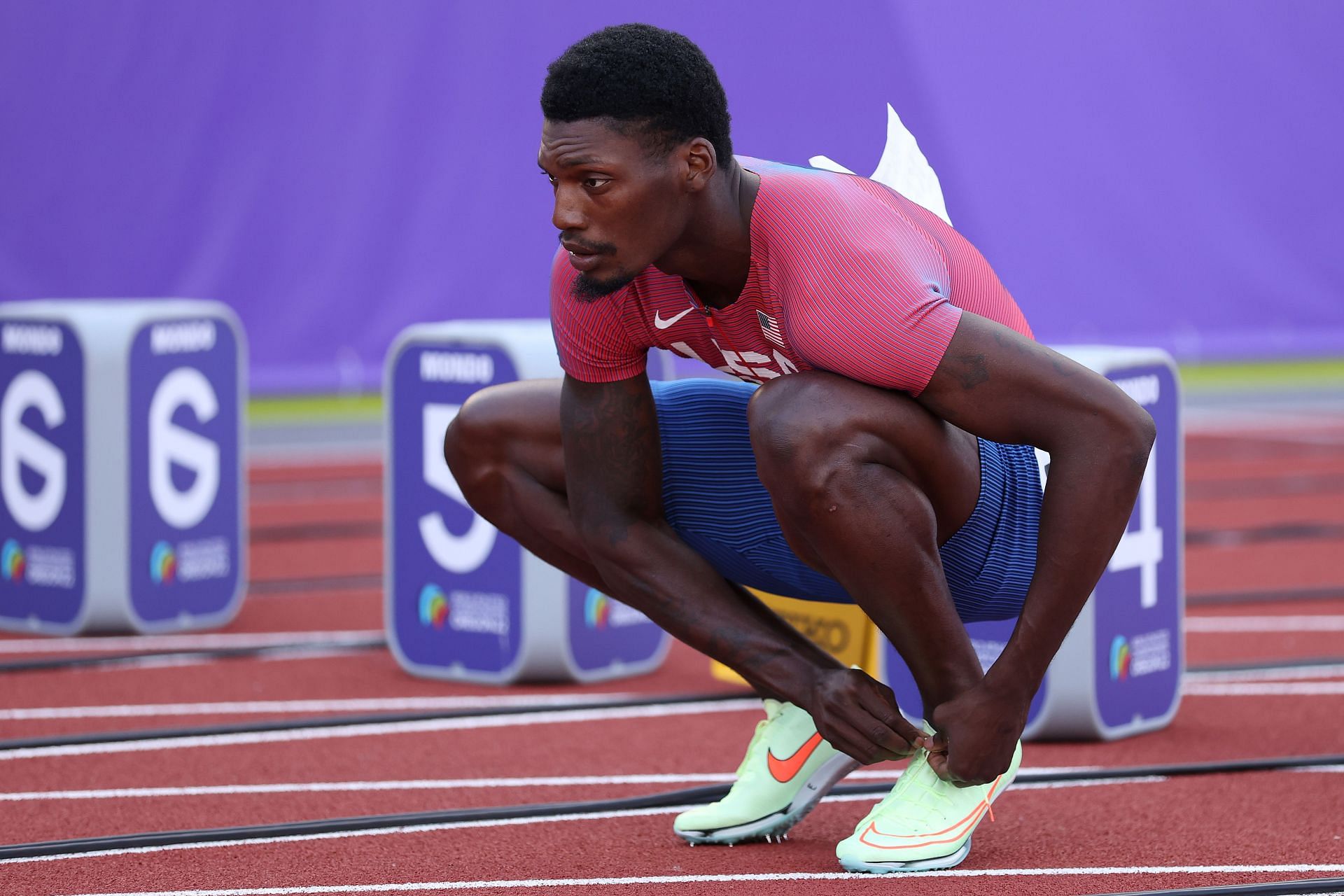 Fred Kerley sports Nike Air Zoom Maxfly spikes at the 2024 U.S. Olympic